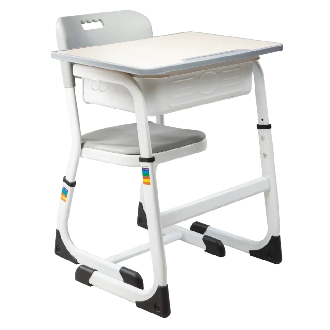 White children's height-adjustable study desk with matching chair.