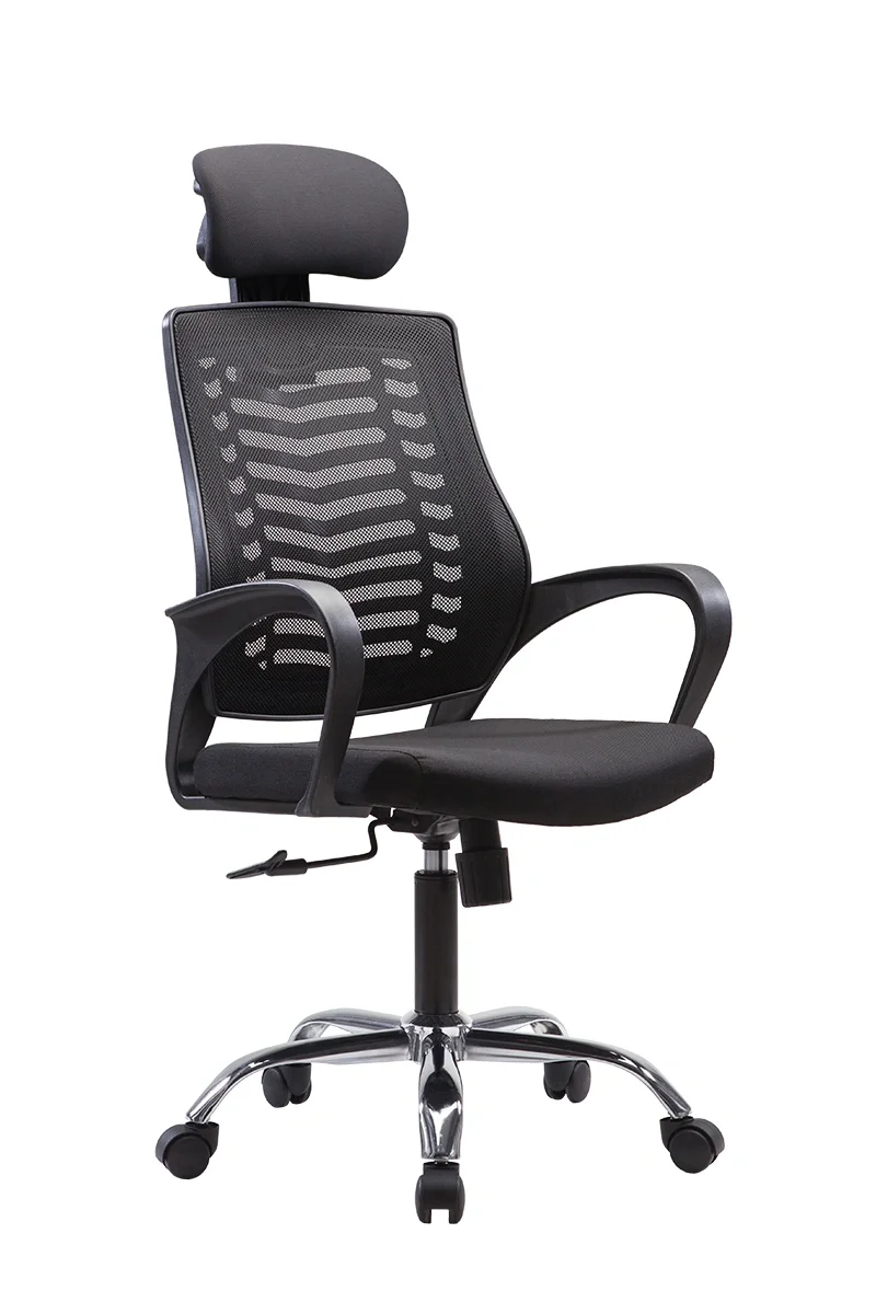 Black ergonomic office chair with mesh back, adjustable headrest, and rolling casters.