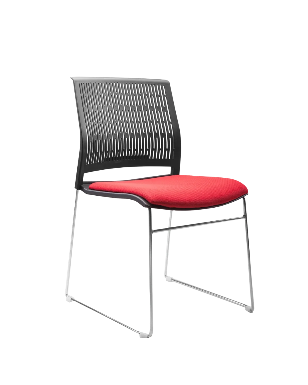 Office chair with a black plastic backrest featuring vertical slits and a cushioned red fabric seat, supported by a metal frame.