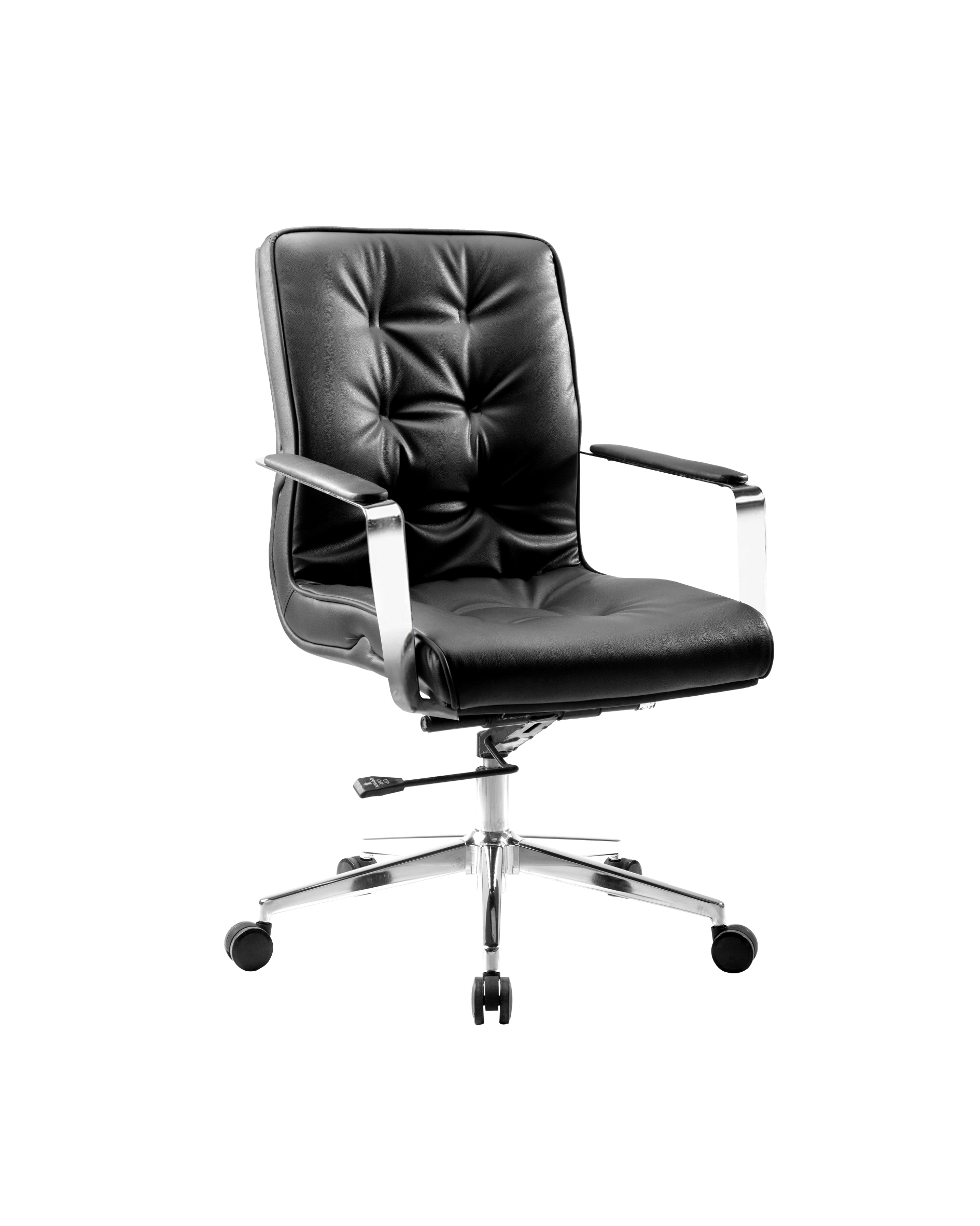Black leather office chair with metal armrests and base, on a white background.