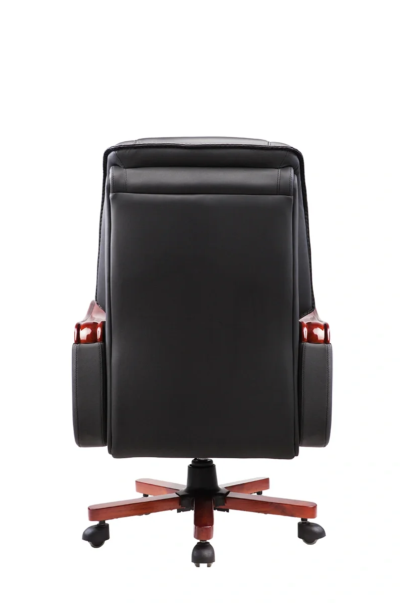Rear view of a black leather executive office chair with wooden armrests and a wooden five-star base with caster wheels, isolated on a white background.
