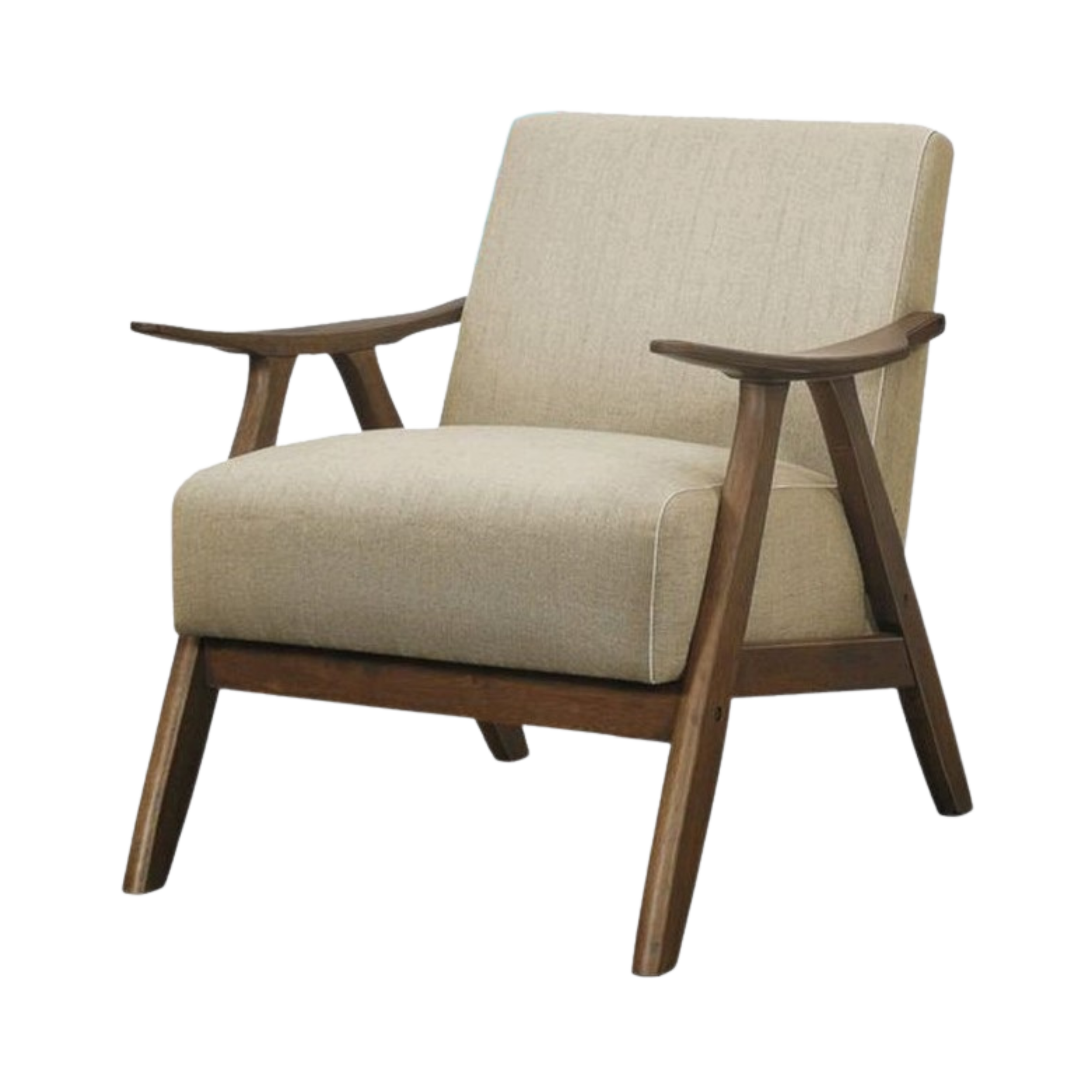 A beige upholstered armchair with wooden armrests and legs, mid-century modern style.