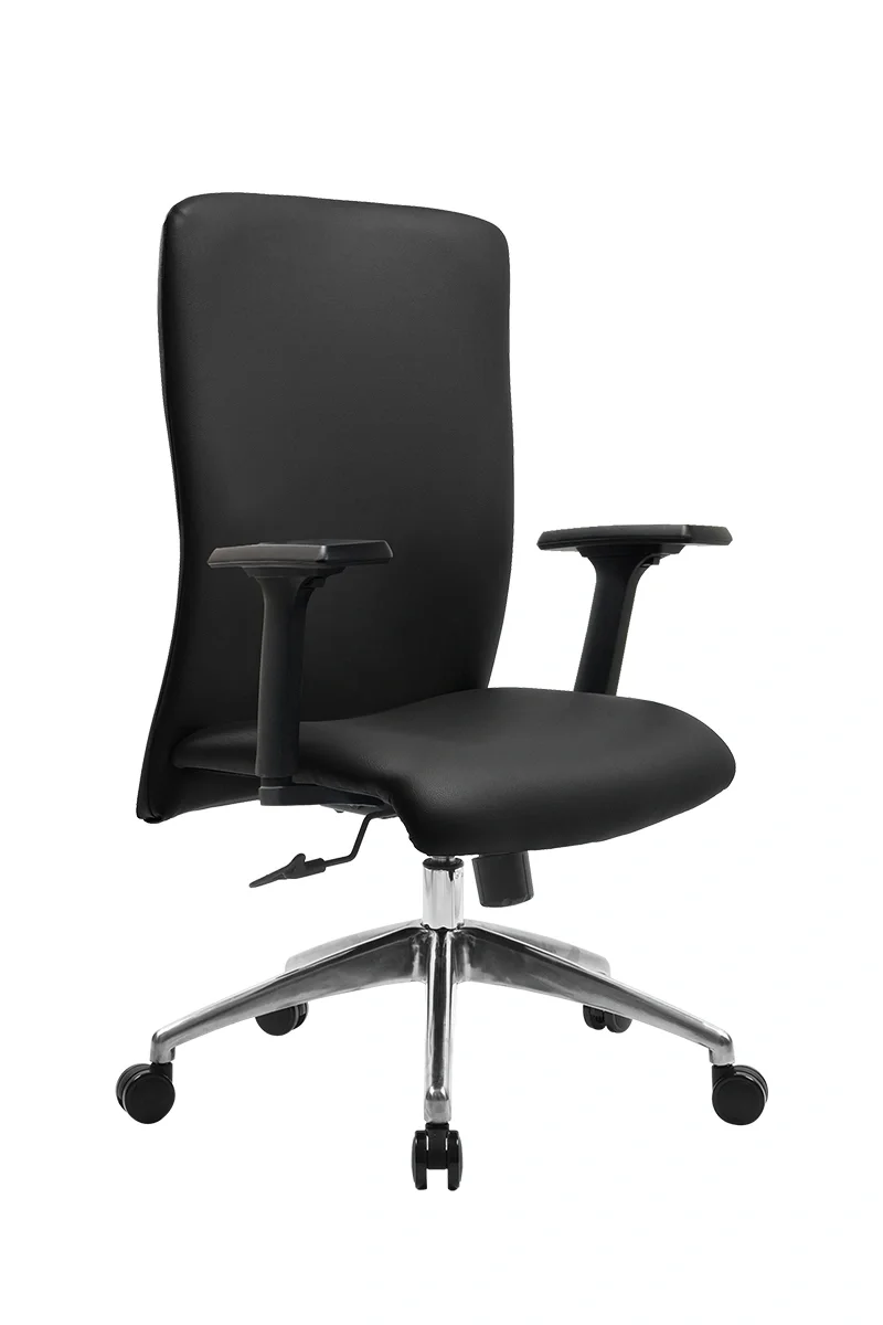 Black office chair with armrests and a high back, on a silver base with wheels.