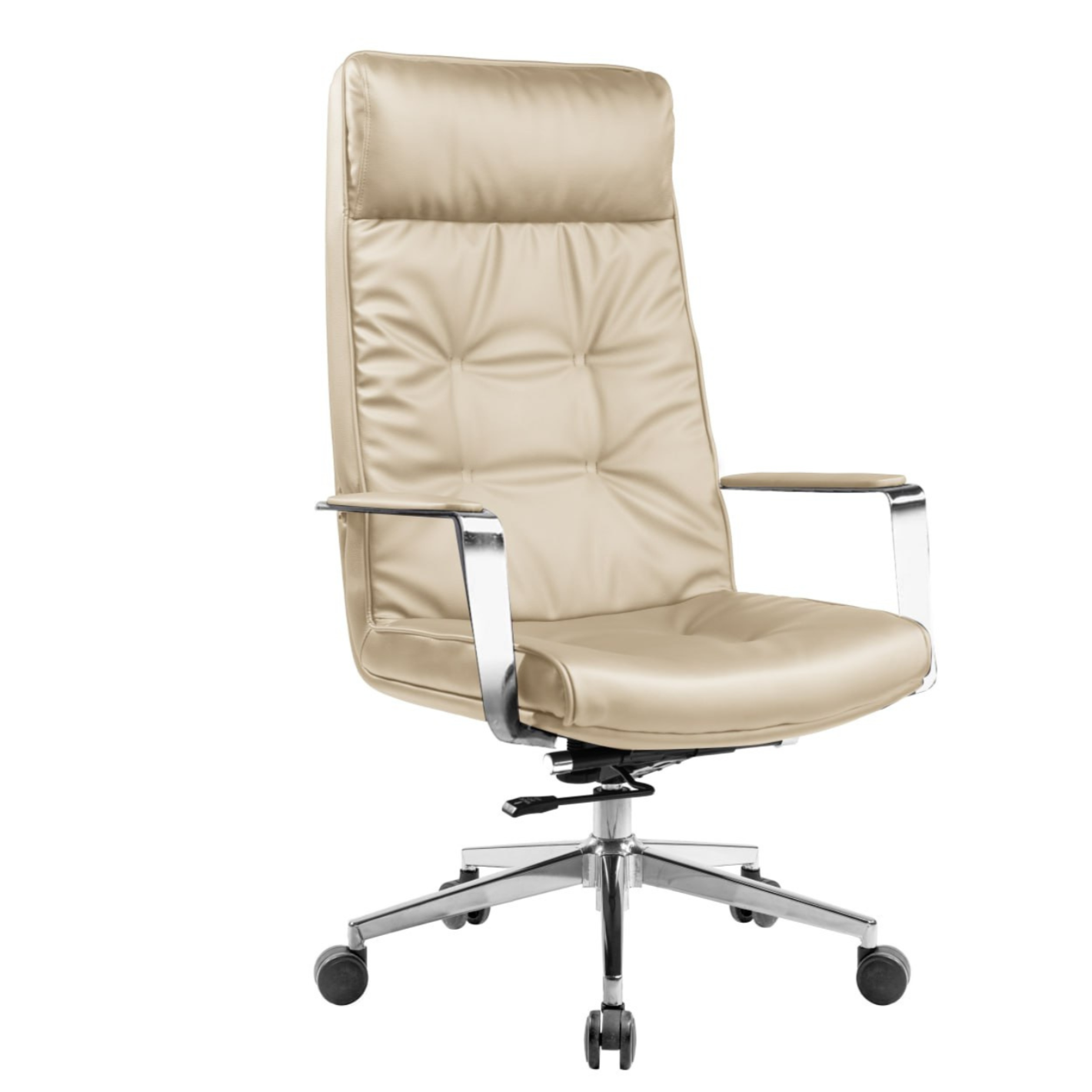 A beige high-back leather office chair with metal armrests and a chrome base on wheels.