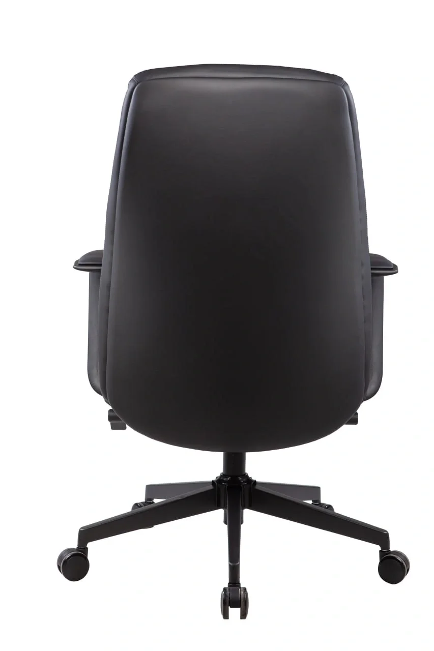 Black office chair with armrests and caster wheels seen from the back, against a white background.