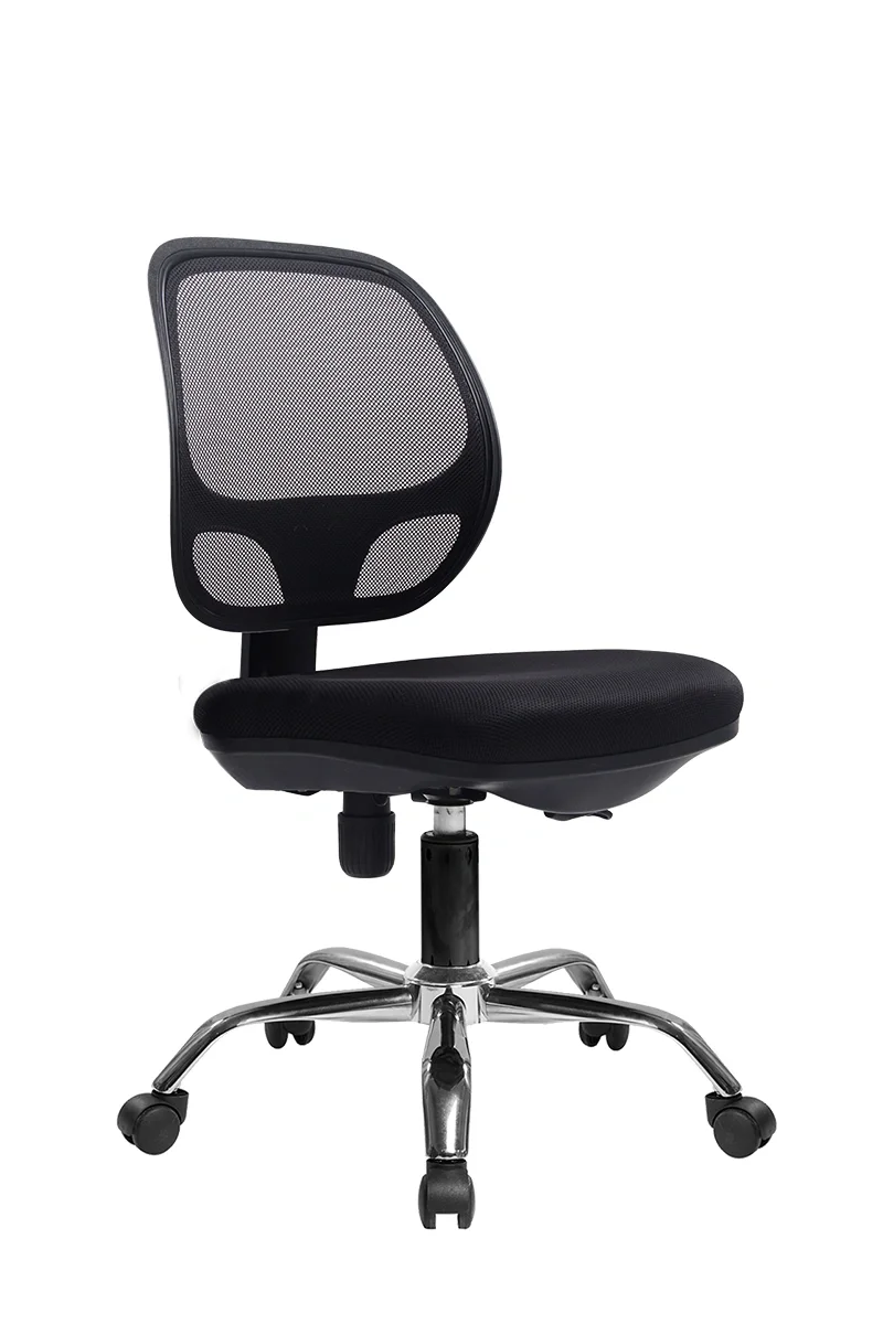 Black office chair with a mesh backrest, cushioned seat, and five caster wheels.