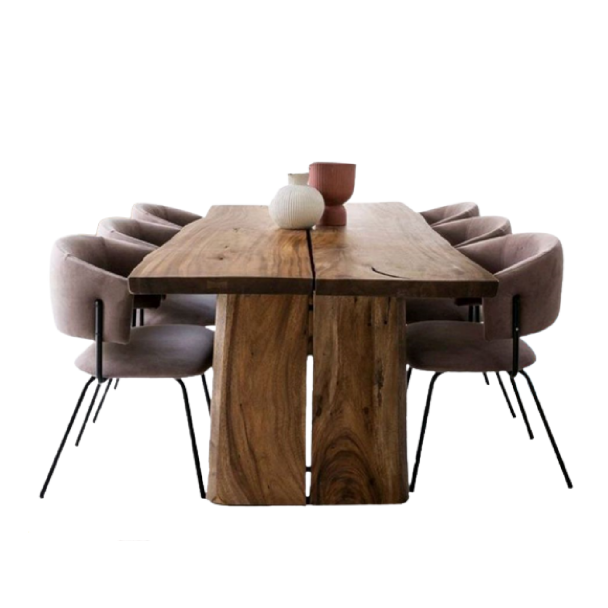 A rustic wooden dining table surrounded by eight modern upholstered chairs with metal legs. On the table are three decorative ceramic vases of varying sizes and colors.