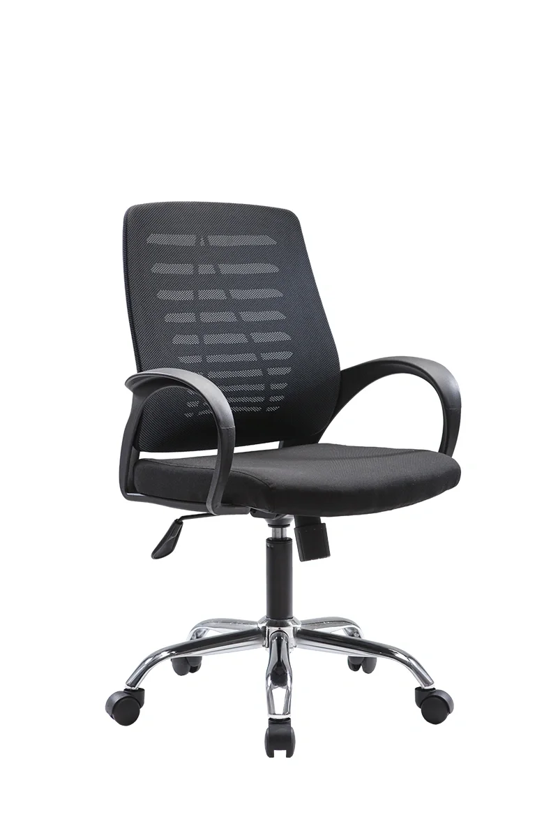 Black office chair with mesh backrest and adjustable height on casters.