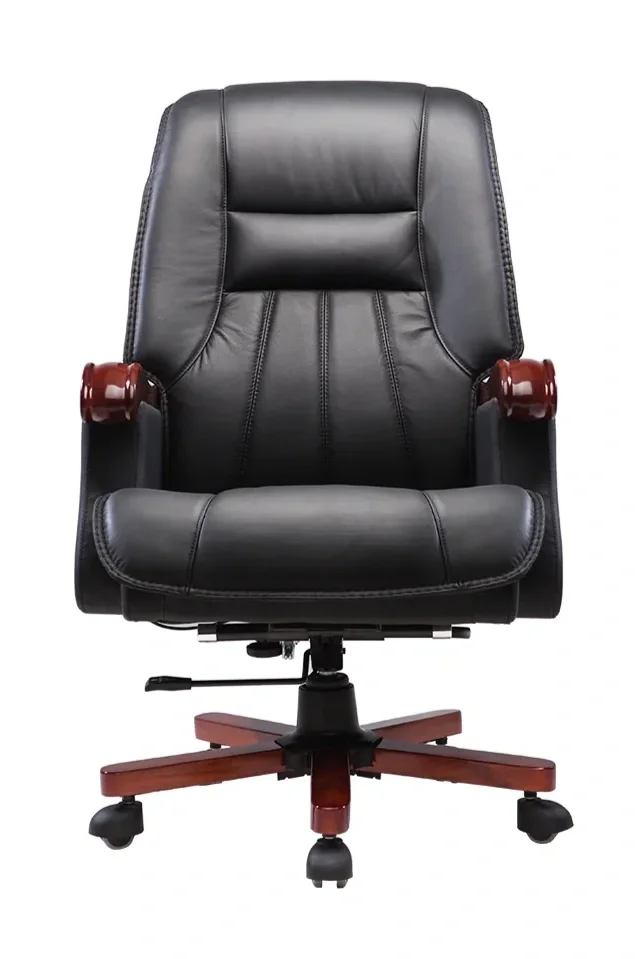 Black leather executive office chair with wooden armrests and base with wheels.
