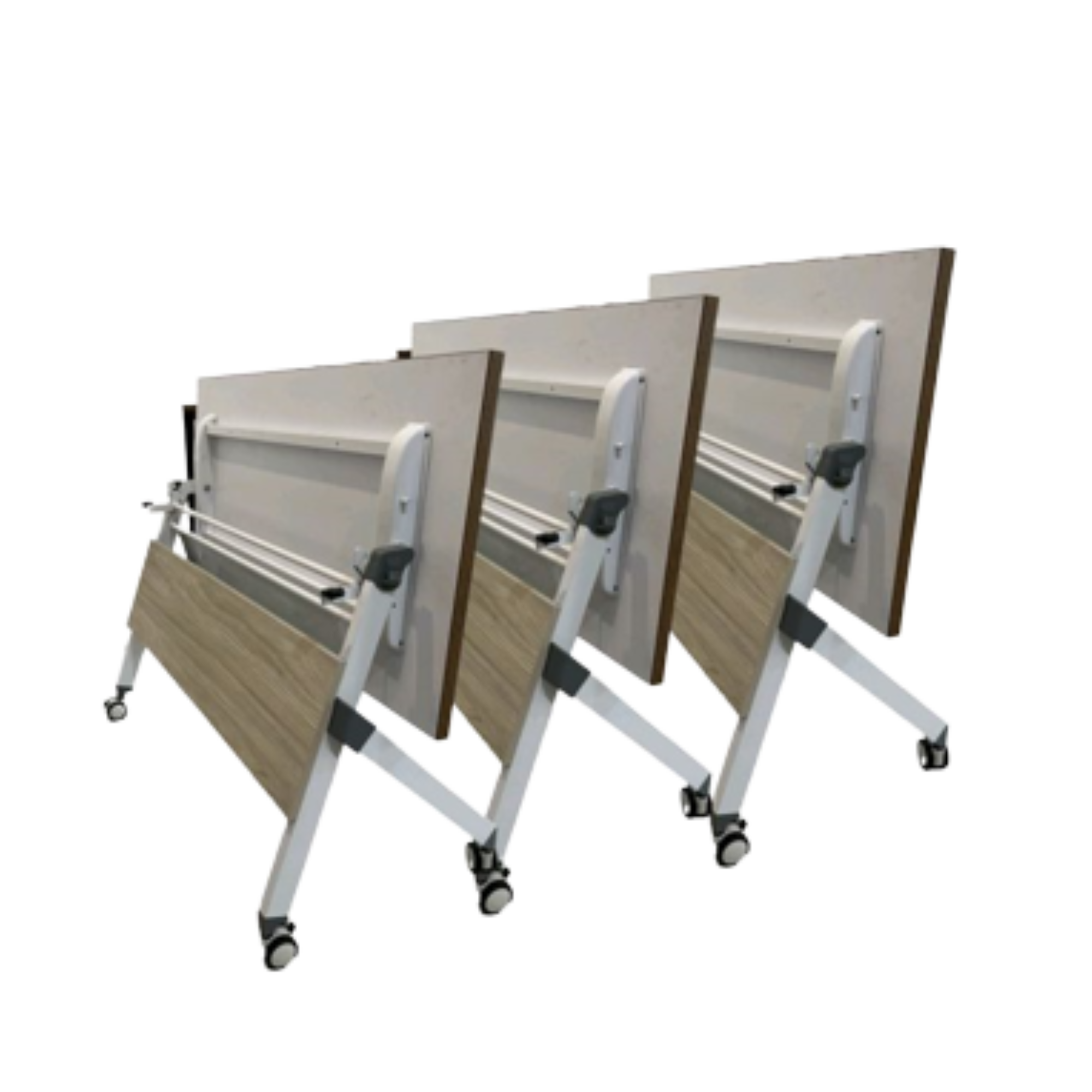 Three hospital stretchers with beige beds and white frames on wheels, lined up side by side.
