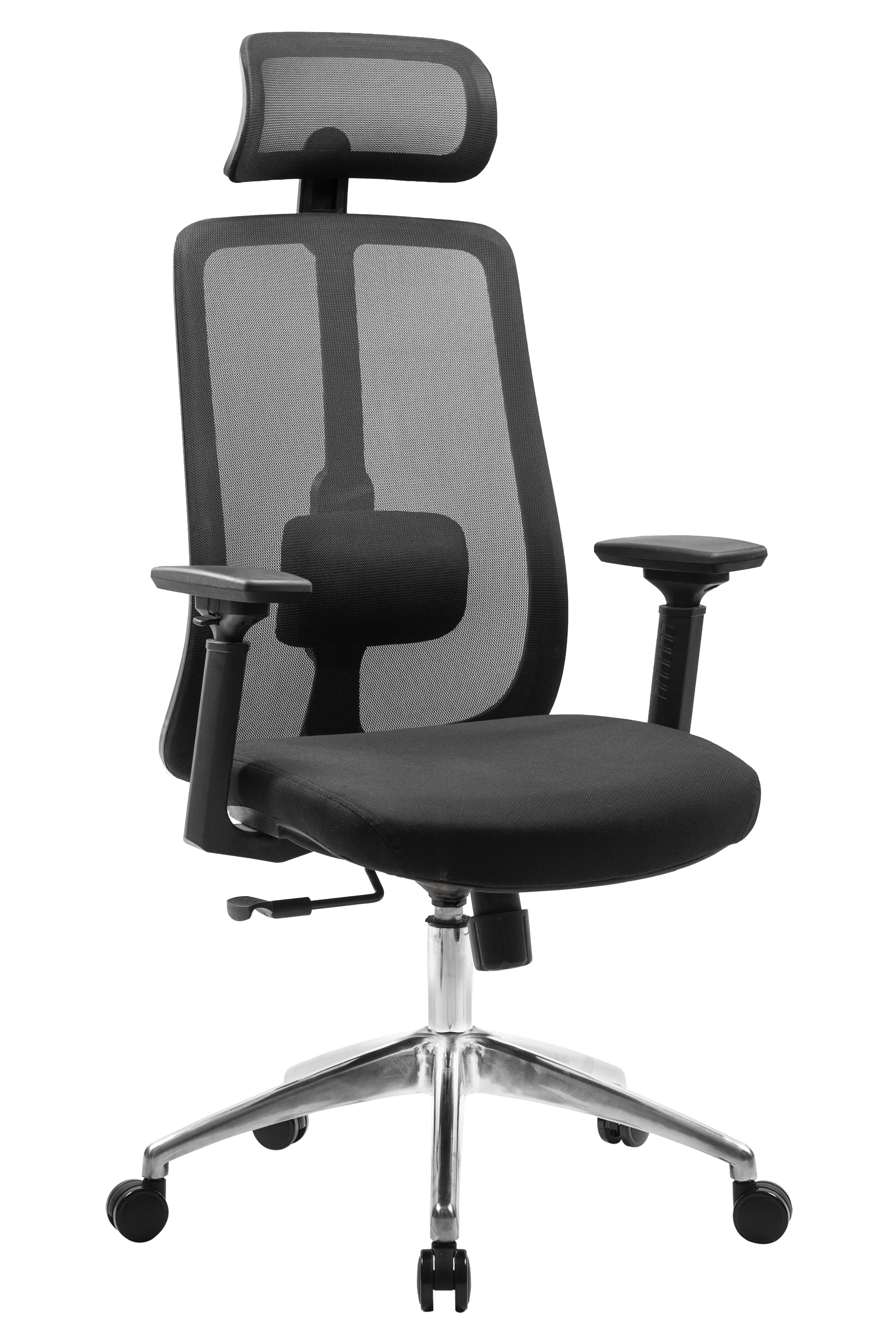 Black ergonomic office chair with adjustable armrests and headrest, on a chrome base with wheels.