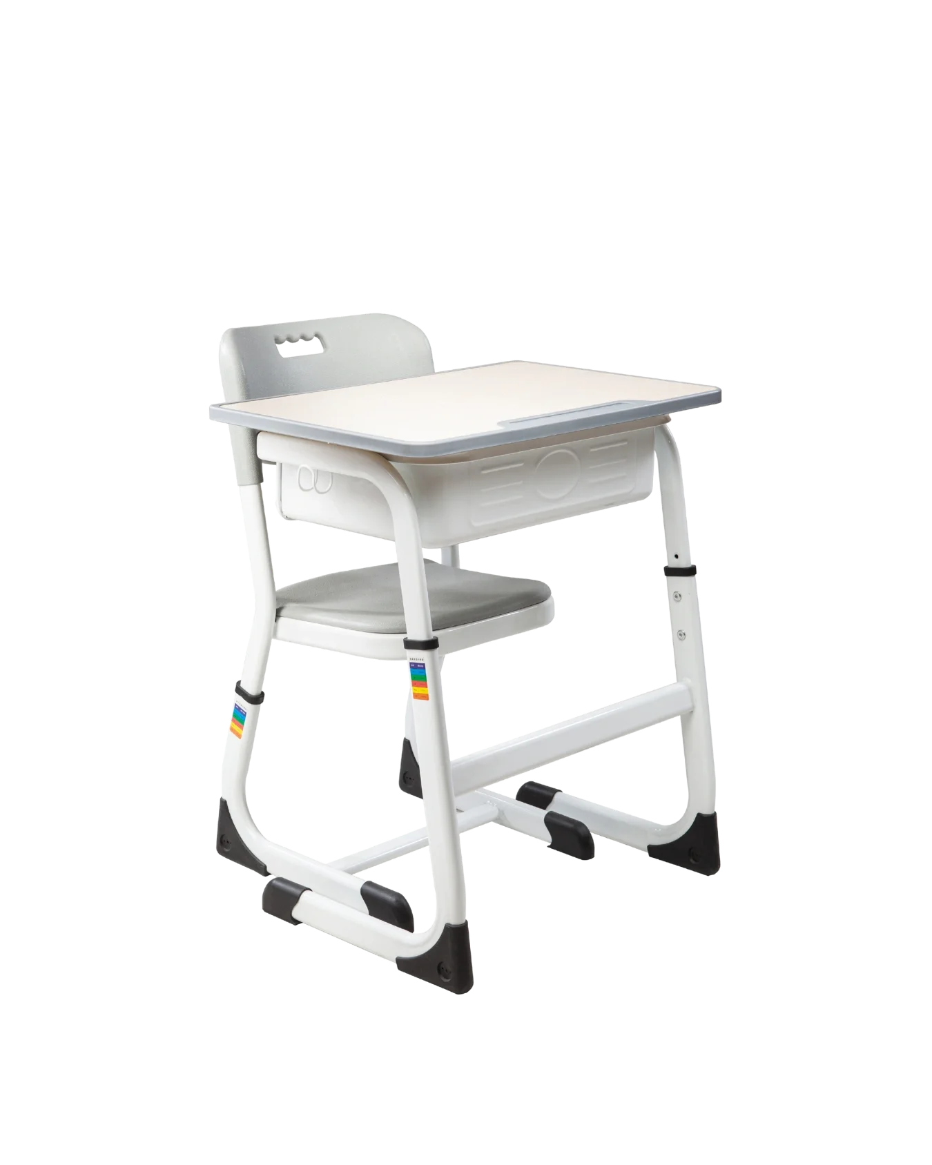 White child's school desk with a gray chair.