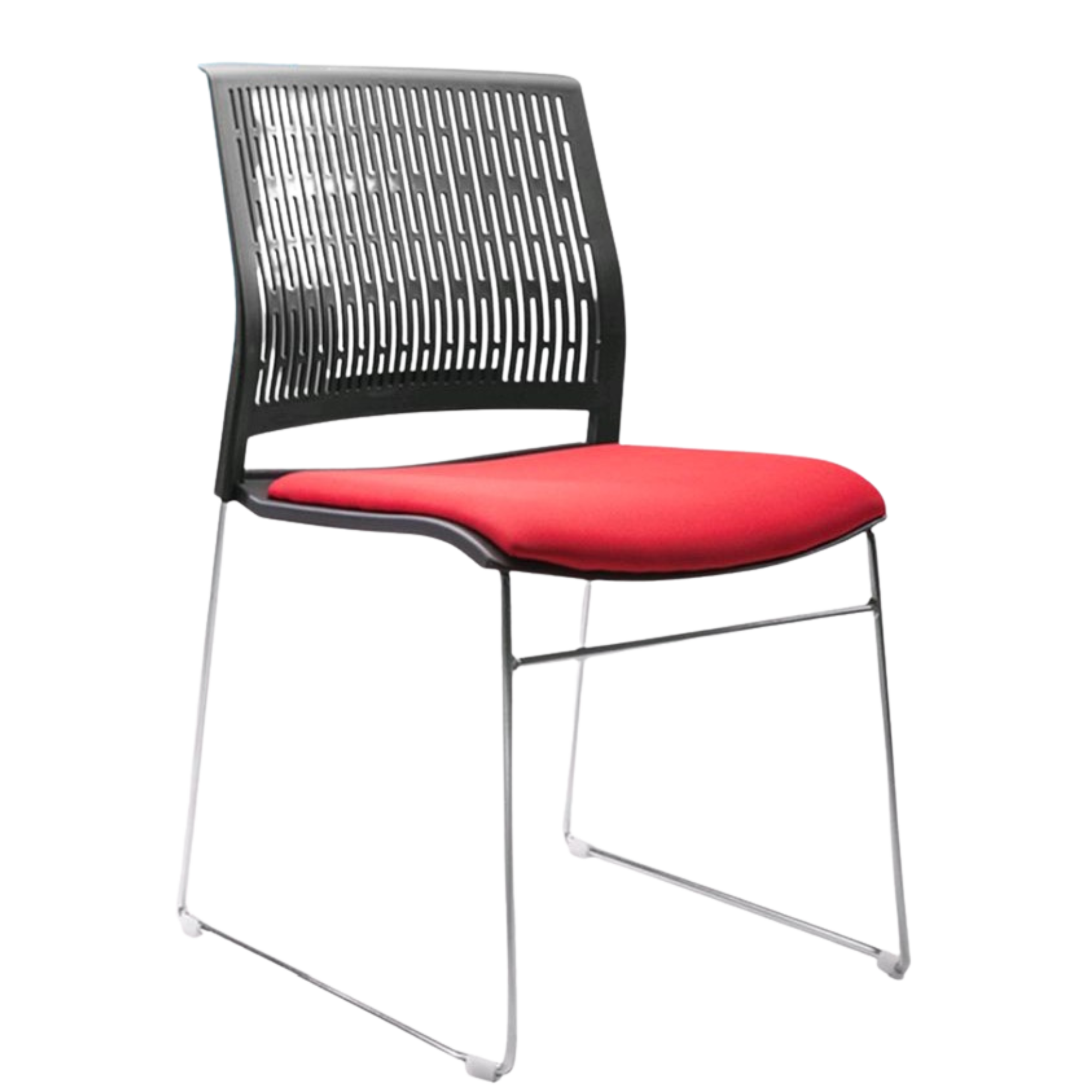 Chair with a black, perforated plastic backrest and a red cushioned seat, supported by a metal frame.