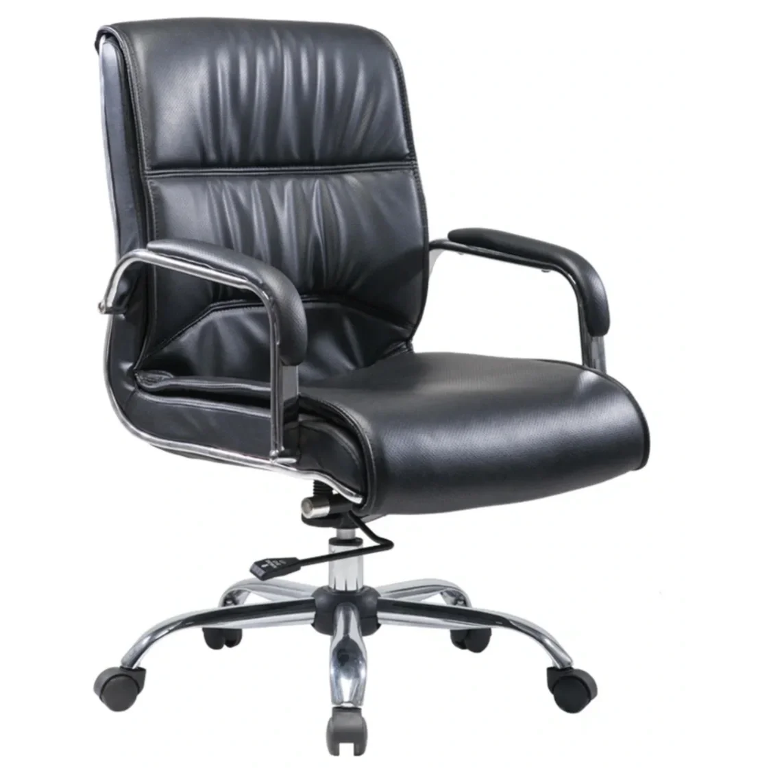 Black leather office chair with armrests, adjustable height, and five caster wheels.