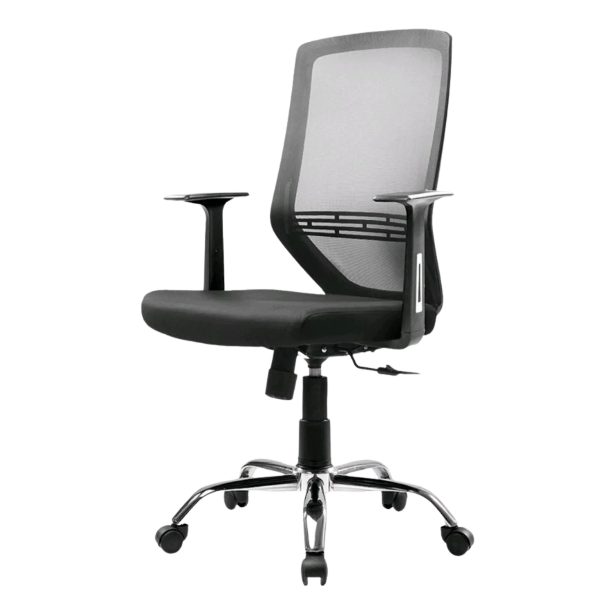 Black ergonomic office chair with mesh backrest and adjustable height on casters.