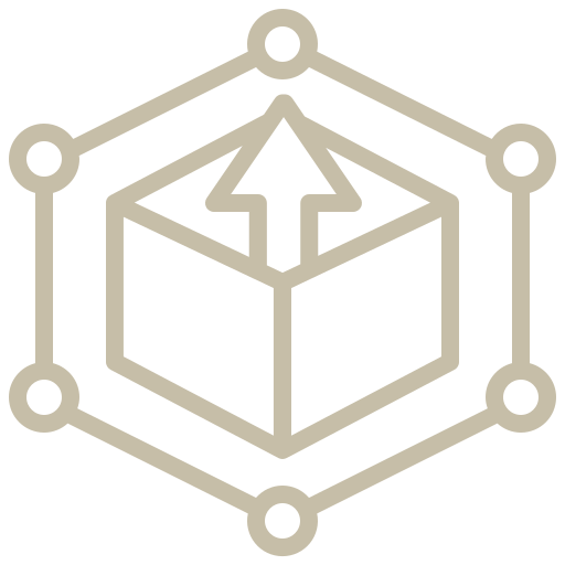 Outline of a 3D cube with an upward arrow inside, surrounded by a connected hexagonal frame.