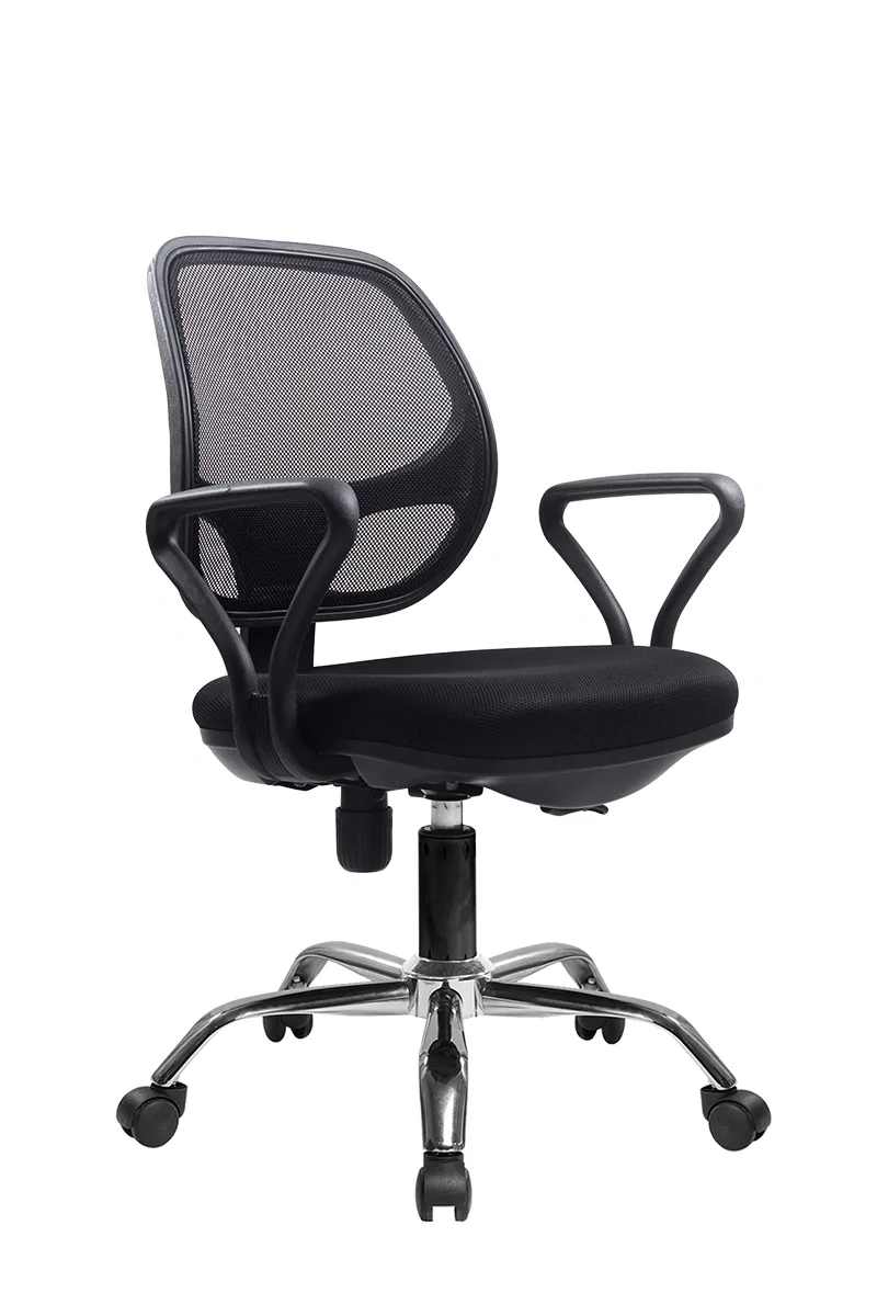 A black ergonomic office chair with mesh backrest, cushioned seat, and adjustable height, on a chrome base with caster wheels.