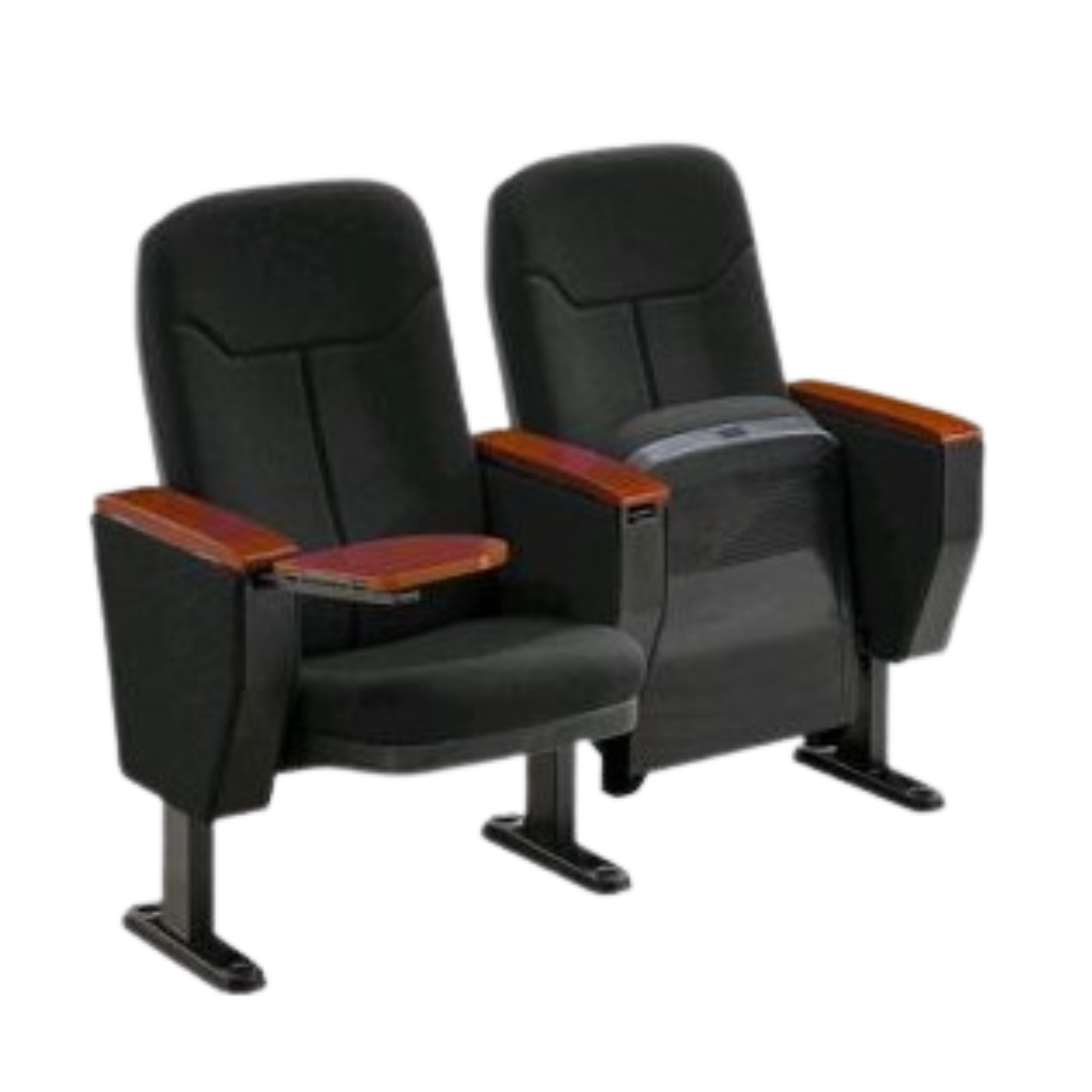 Two black theater or auditorium seats with wooden armrests and a slightly reclined backrest, mounted on a metal stand.