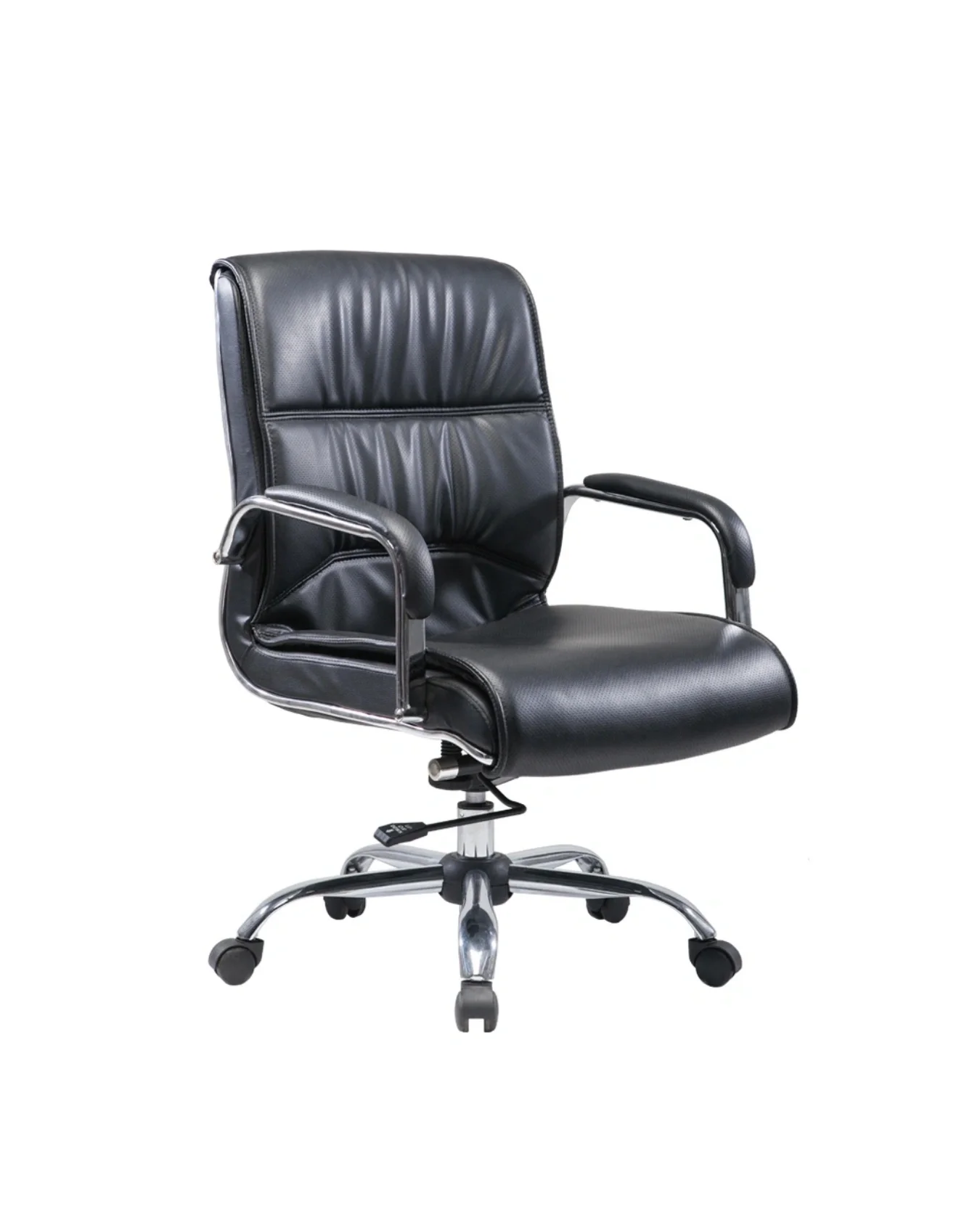 Black leather office chair with metal armrests and wheeled base on a white background.