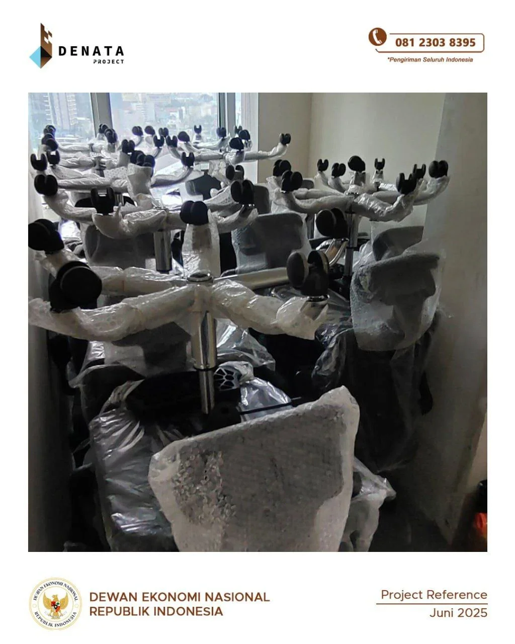 Multiple new office chairs wrapped in plastic with black headrests, arranged in a room with large windows overlooking a cityscape, for an Indonesian government project.