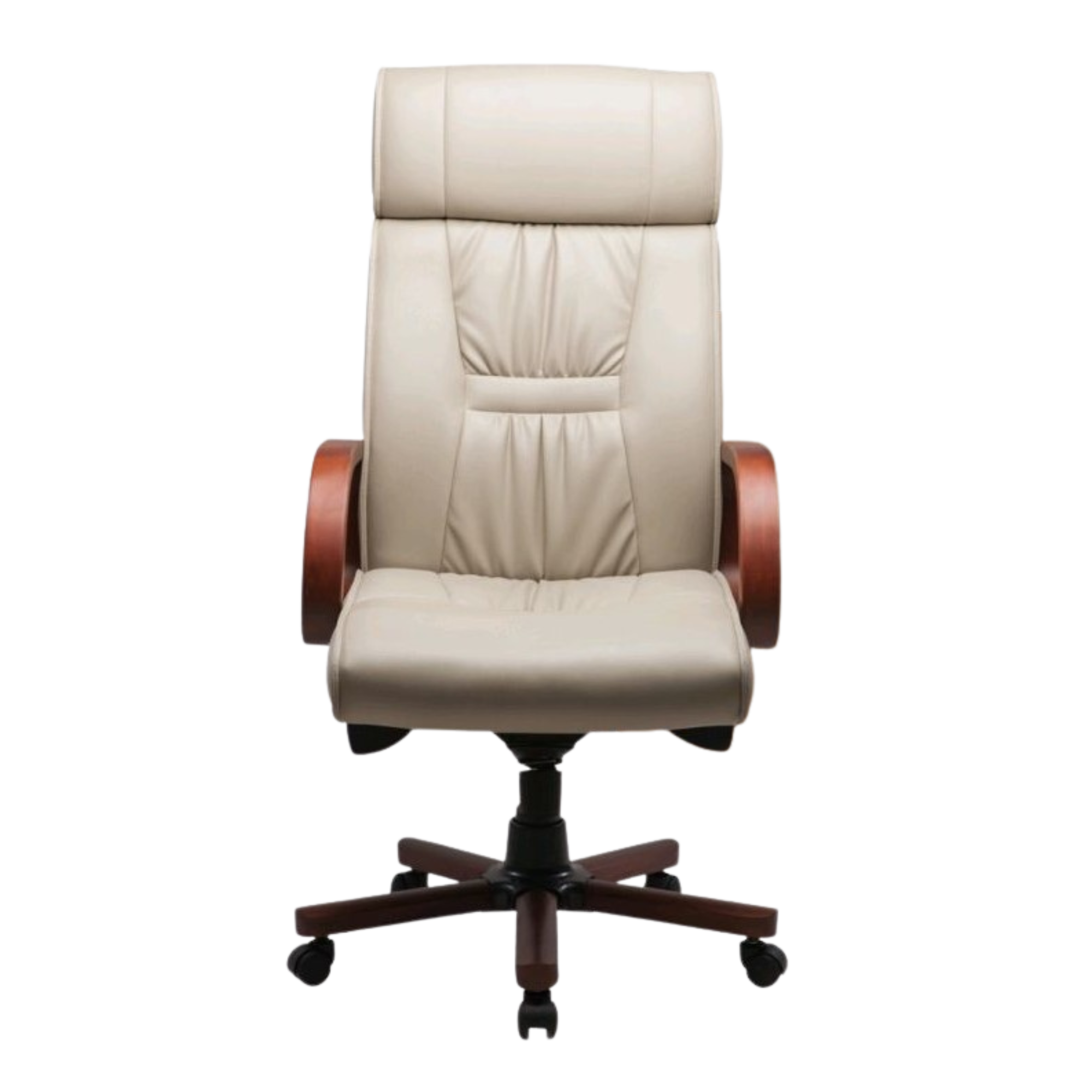 An off-white, high-backed leather office chair with wooden armrests and a swivel base with wheels.