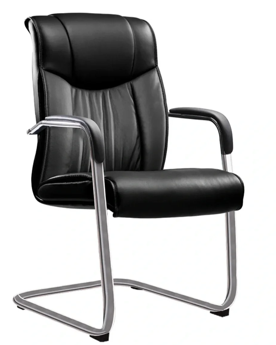 Black leather office chair with metal armrests and a sled base.
