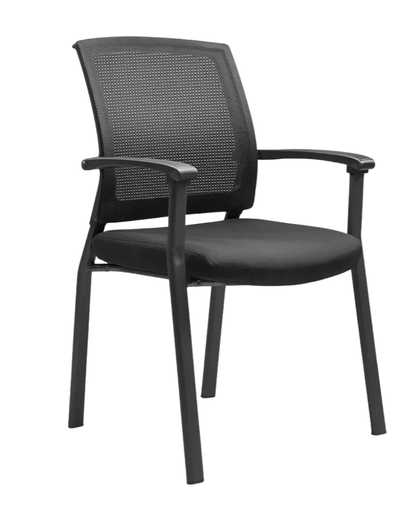 Black office chair with a mesh backrest, padded seat, and armrests