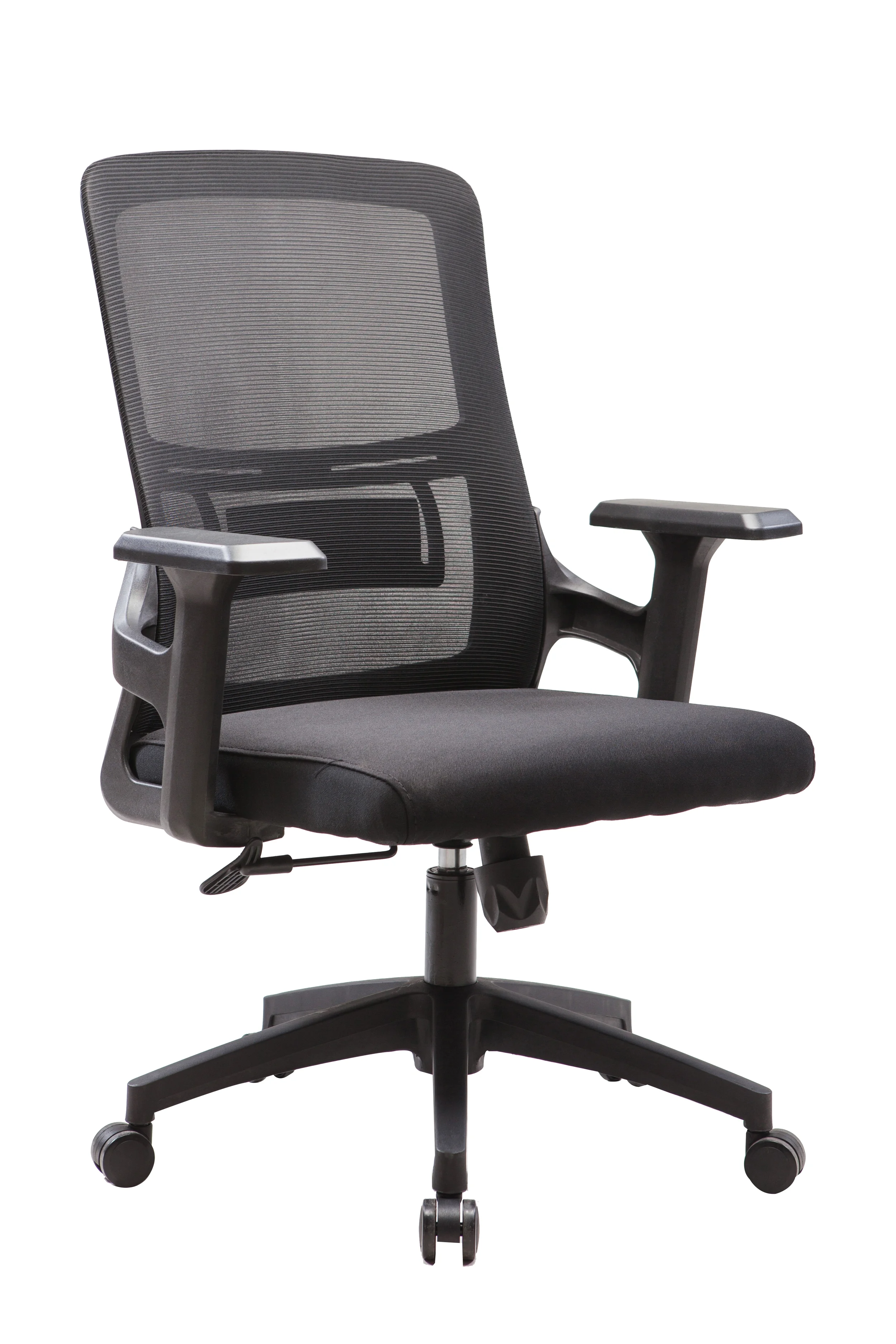 Black ergonomic office chair with mesh backrest, padded seat, adjustable armrests, and caster wheels.