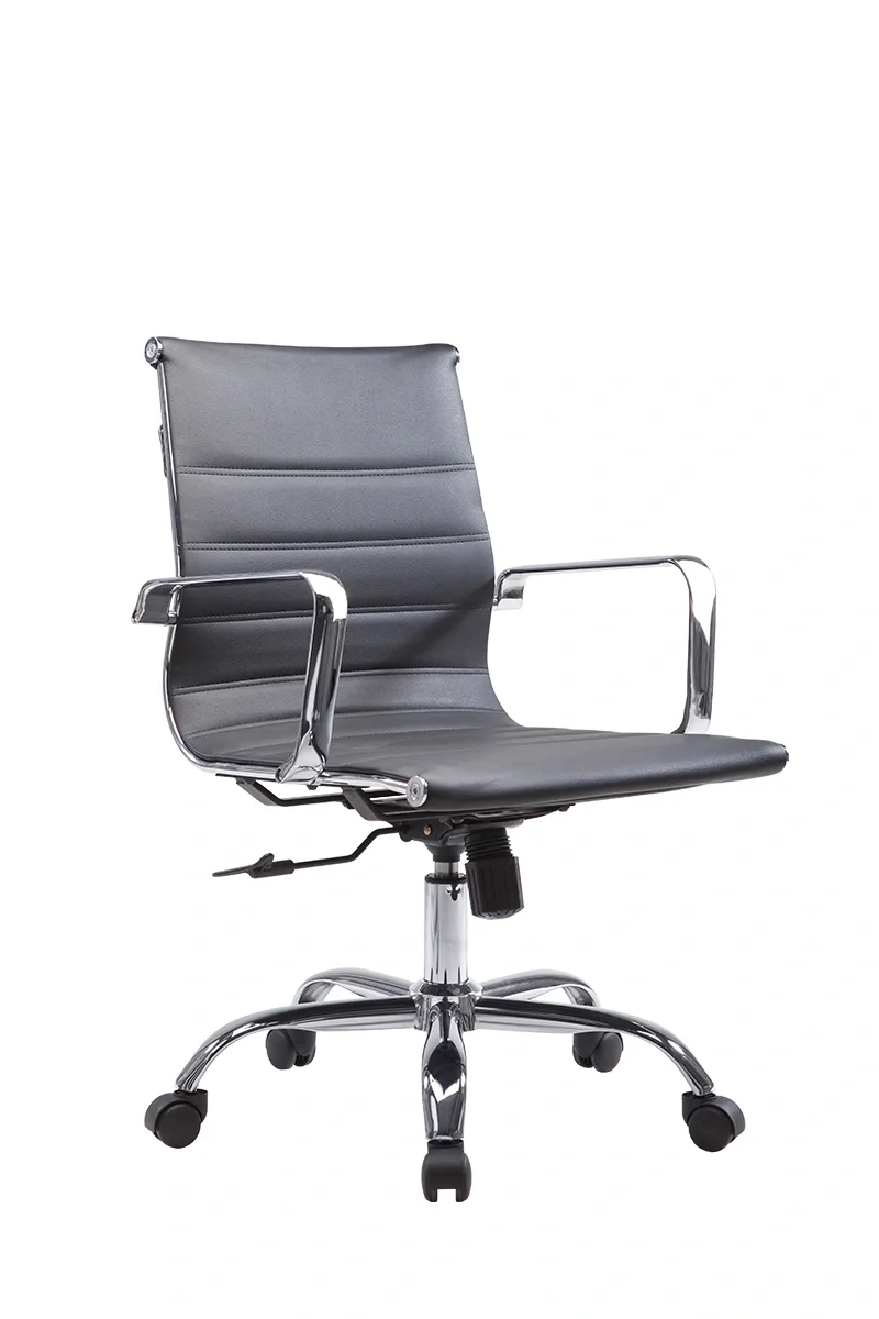 Black leather office chair with chrome armrests and base on a white background.