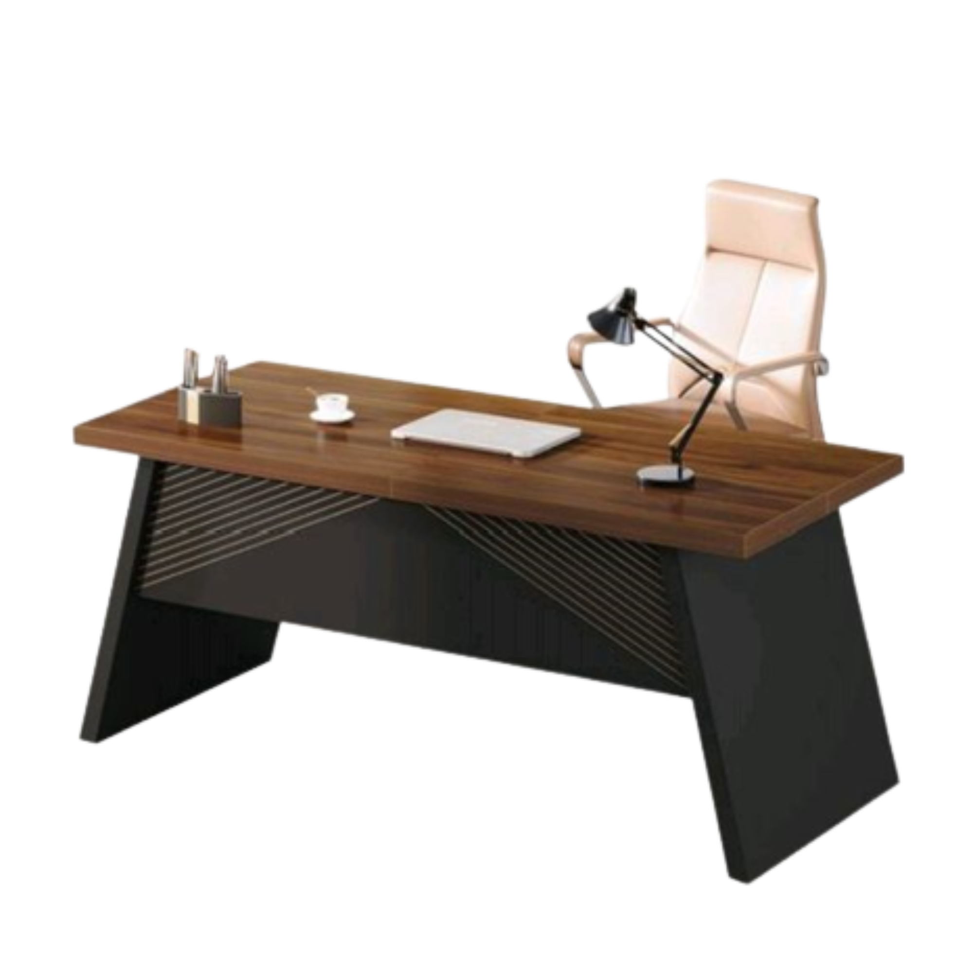 Modern office desk with a wooden top, paired with a light pink leather office chair, a desk lamp, a closed laptop, pens, and a small cup on a black and wood base.
