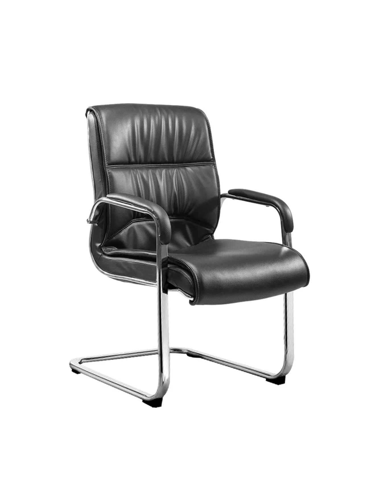 Black office chair with padded armrests and chrome frame against a white background.
