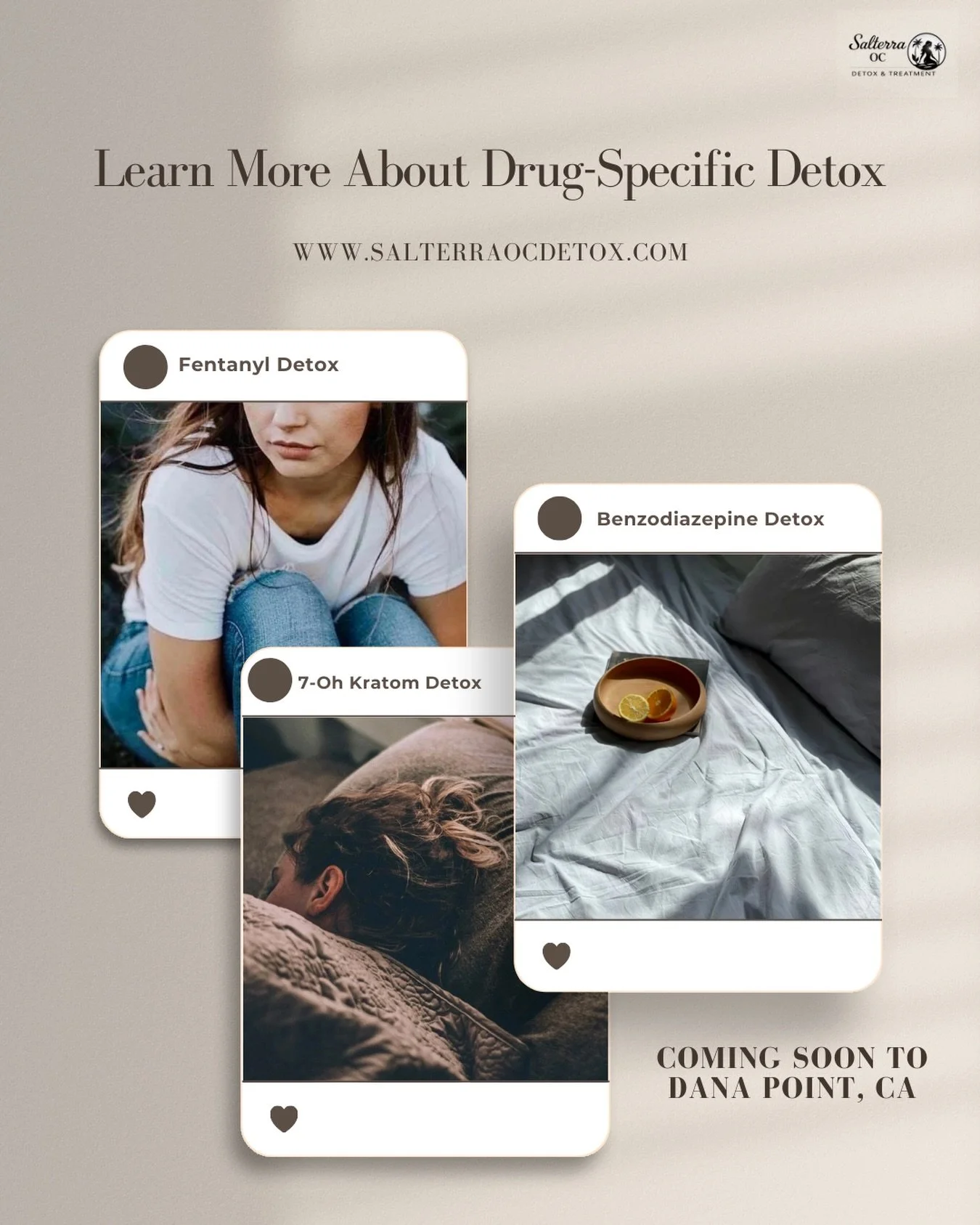 Learn more about our drug-specific detox services here: https://www.salterraocdetox.com/drug-detox-orange-county
Salterra OC Detox &amp; Treatment is coming soon to Dana Point, CA.

#drugdetox #fentanyl #7ohkratom #benzo #detox