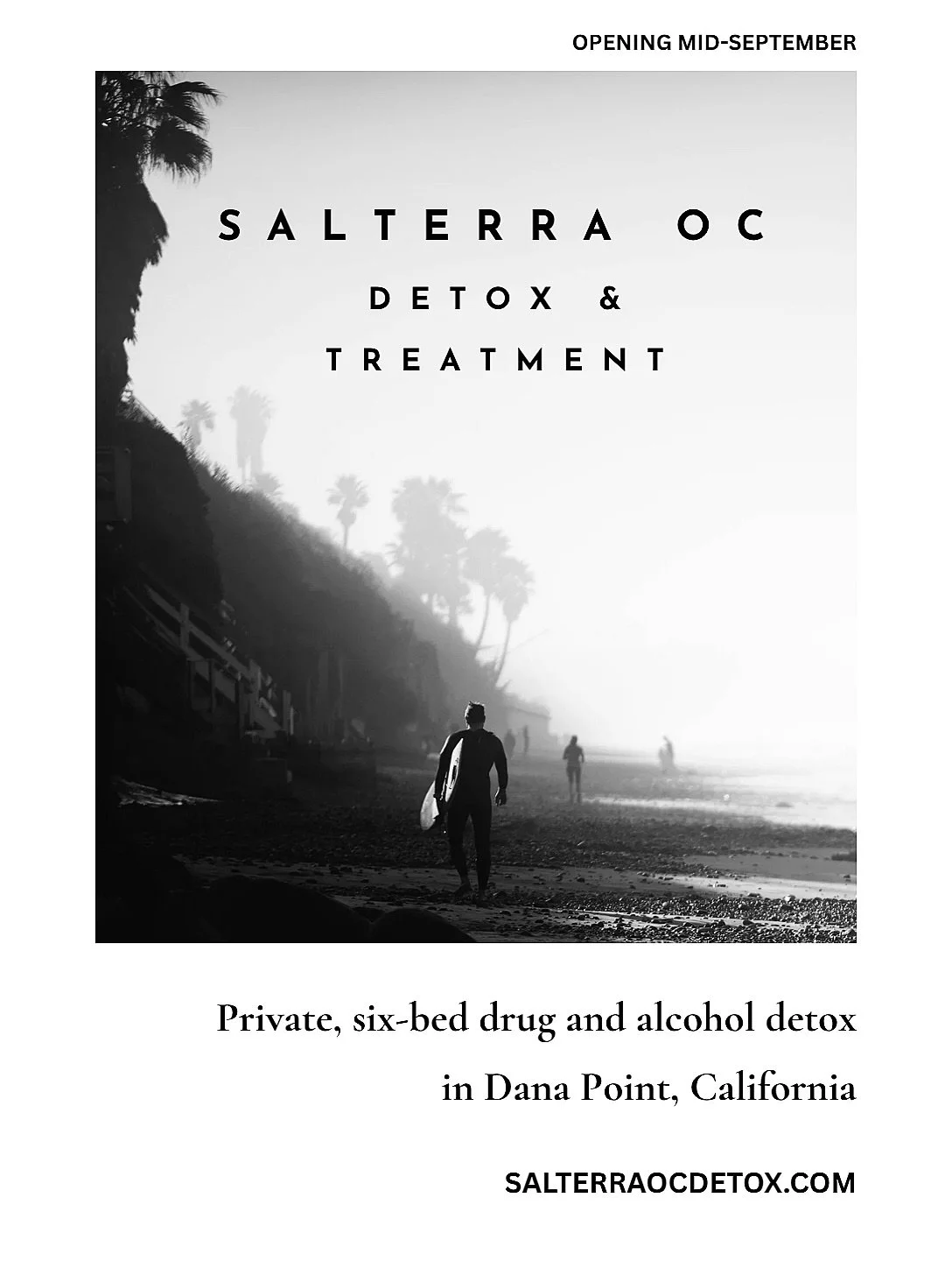 Salterra OC Detox &amp; Treatment opening in Dana Point, CA- a private, six-bed drug and alcohol detox program offering personalized care in a comfortable, supportive setting.
Our small capacity allows us to provide individualized attention and a mor