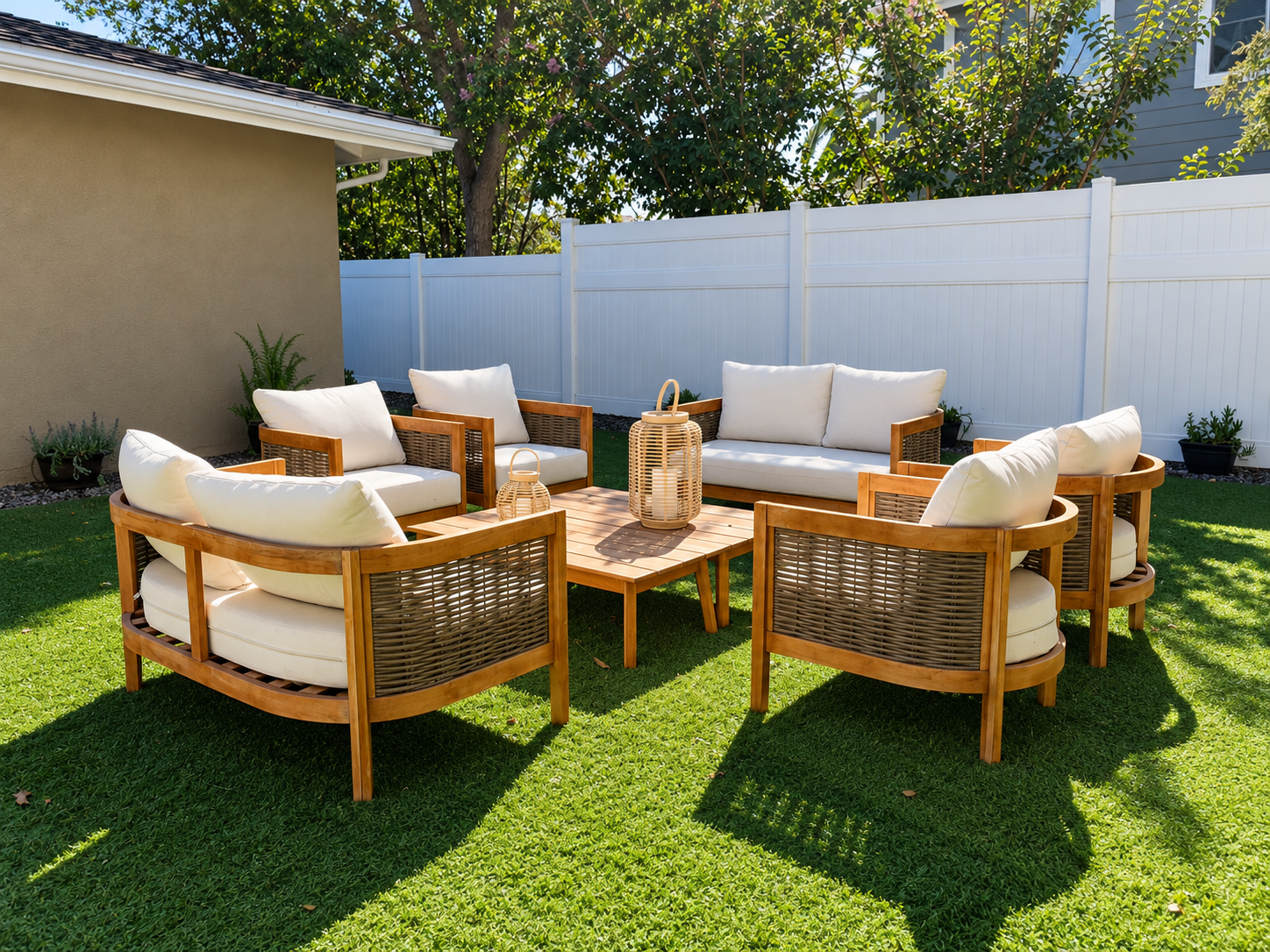 Outdoor seating area with cushioned chairs and a sofa at Salterra OC Detox & Treatment in Dana Point