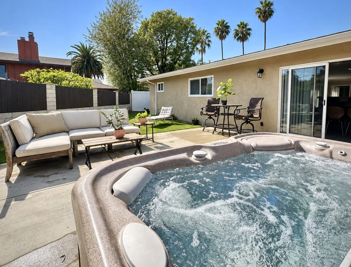 Backyard patio with a hot tub, lounge seating, and outdoor dining table at Salterra OC Detox & Treatment.
