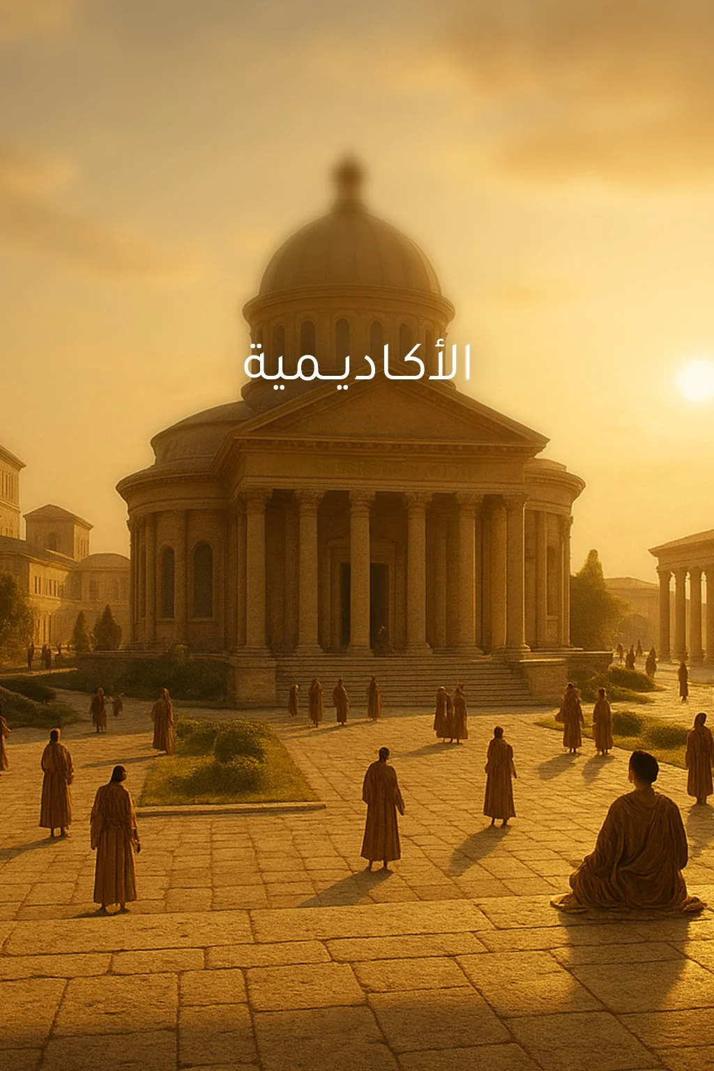 Ancient temple with classical columns at sunset, titled 'الأكاديمية' in Arabic, with people in traditional robes walking and sitting on steps in the courtyard.
