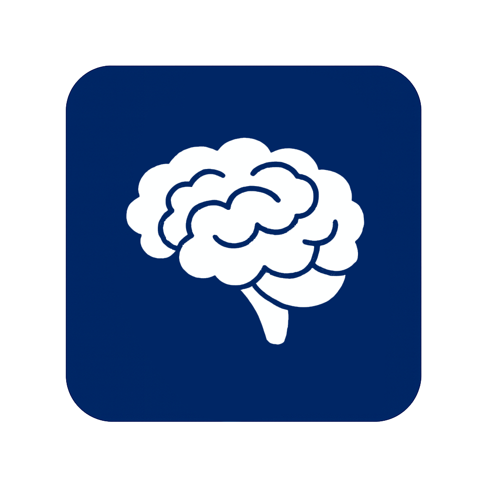 Icon of a brain on a dark blue background.