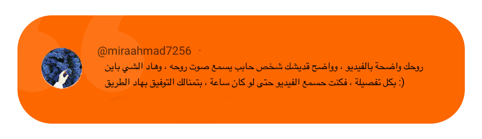 Twitter post in Arabic with user's profile picture of a hand holding a blue flower, orange background, and black text.