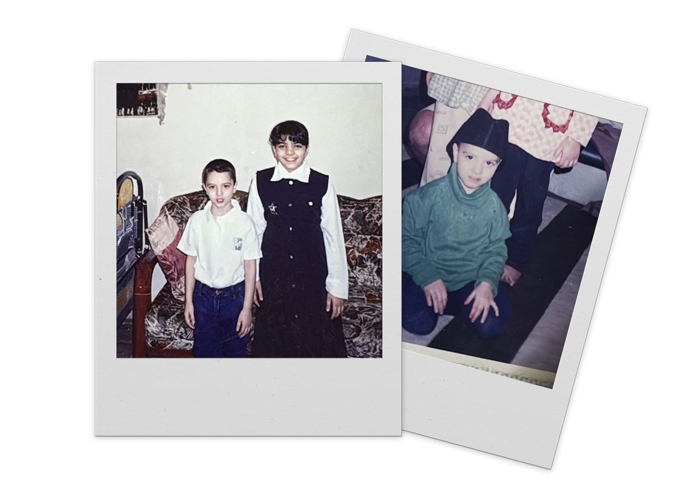 Two vintage photo prints; the front photo shows two children, a boy in a white shirt and a girl in a black dress standing on a patterned sofa, with a wall and a small part of a poster in the background. The back photo shows a boy in a green sweater and black cap kneeling on a dark rug, with a person standing behind him, wearing a patterned shirt and dark pants.