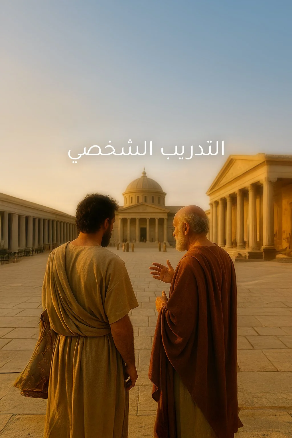 Two men dressed in ancient robes talking in front of classical white buildings with columns, during sunset in Athens.