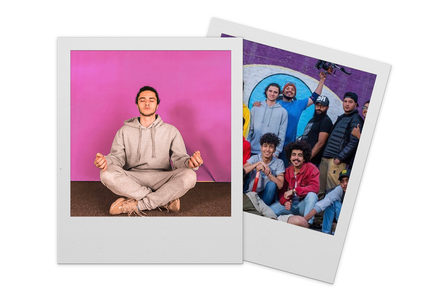 Two overlapping Polaroid-style photographs, one showing a young man meditating in a gray hoodie against a pink background, and the other showing a group of friends smiling and posing outdoors in casual clothing and colorful outfits.