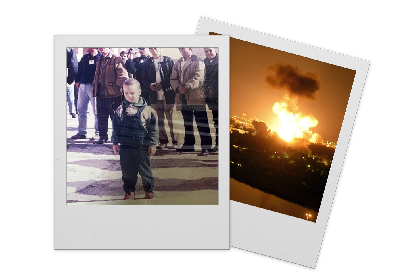A young boy standing with a crowd of people in the background, overlaid with a photo of a large fire with thick black smoke rising into the night sky.