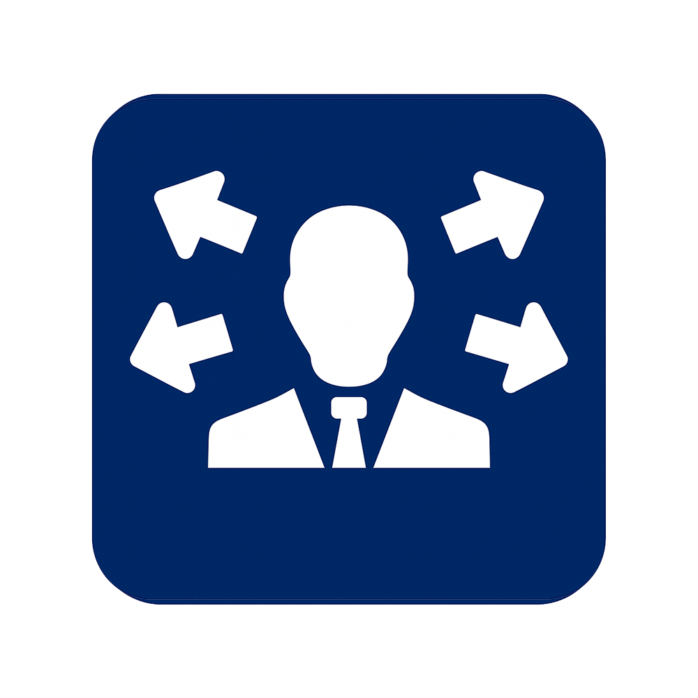 Icon of a person in a suit with arrows pointing away in four directions, symbolizing management or leadership.