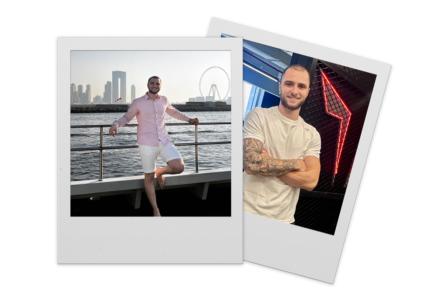 Two Polaroid-style photos of a smiling man with short dark hair and a beard. In the first photo, he is standing on a boat by the water with a city skyline and a Ferris wheel in the background, wearing a pink shirt and white shorts. In the second photo, he is indoors in front of a black wall with a red neon lightning bolt sign, wearing a white t-shirt with tattoos visible on his arms.
