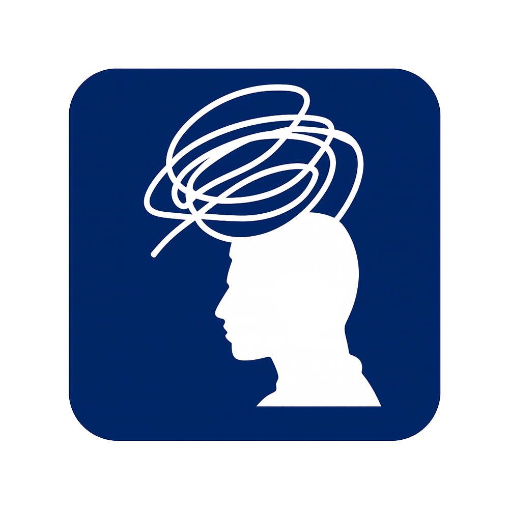 An icon of a person's profile with a tangled scribble above their head, symbolizing confusion or mental distress.