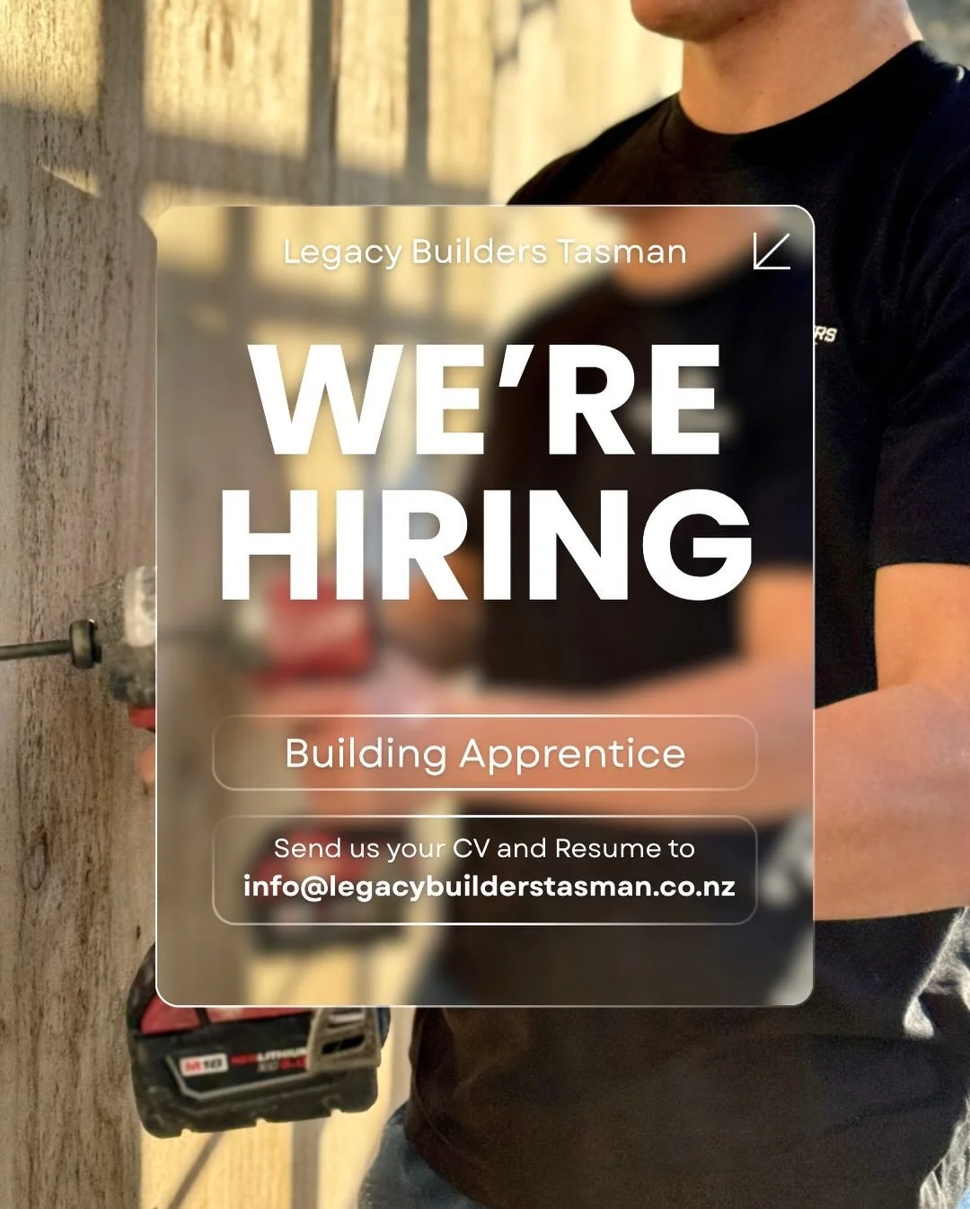 Thinking about getting into carpentry? 🔨

Legacy Builders Tasman is on the hunt for a first-year apprentice or someone keen to start a career in the building trade.

If you&rsquo;re motivated, reliable, and ready to learn, we&rsquo;d love to hear fr