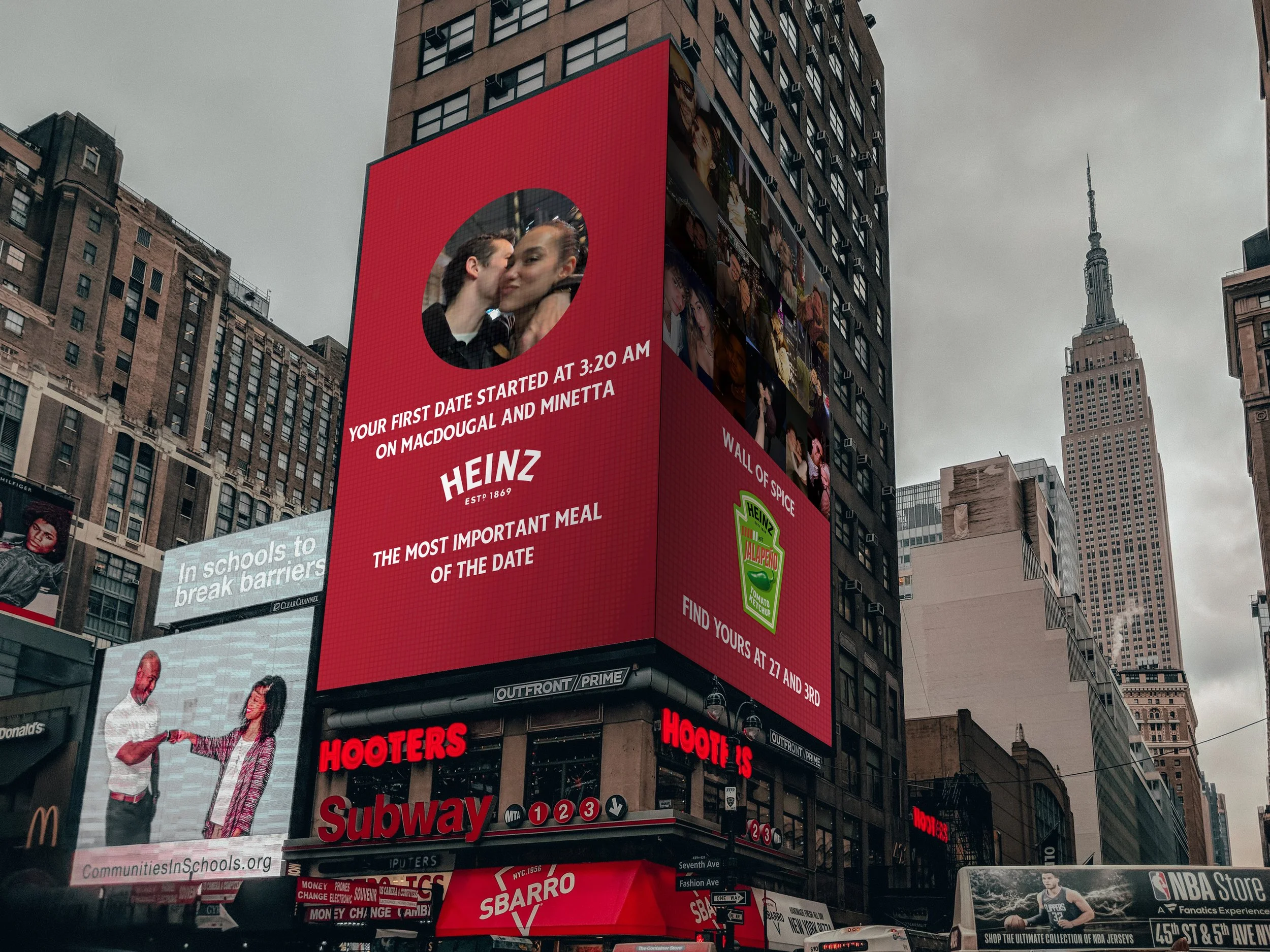 Digital billboard in Times Square, New York City, displaying a photo of a couple's first date, Heinz advertisement, Hooters Subway sign, and various other advertisements.