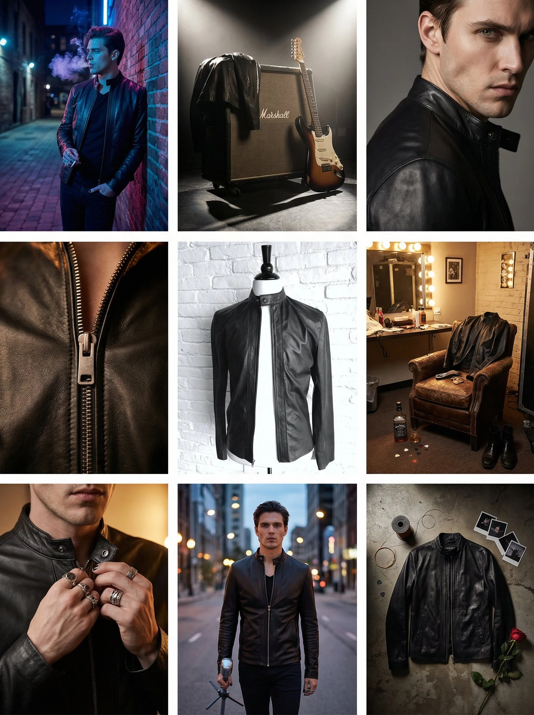 Collection of nine images featuring men wearing leather jackets, a music setup with guitar and amplifier, a dressing room, and miscellaneous scenes emphasizing leather fashion and style.