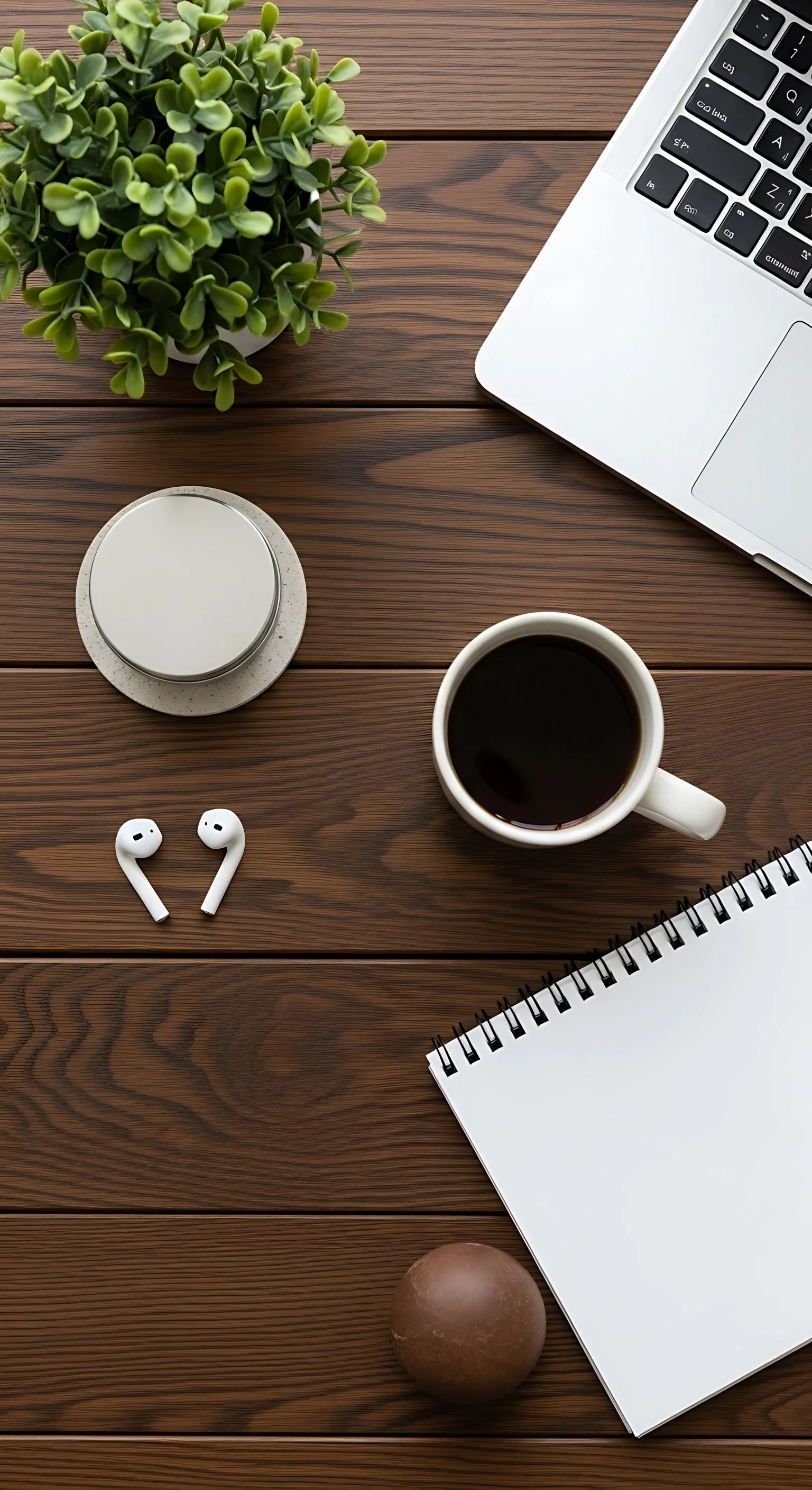 A desk with headphones, a notepad, a cup of coffee, and a laptop