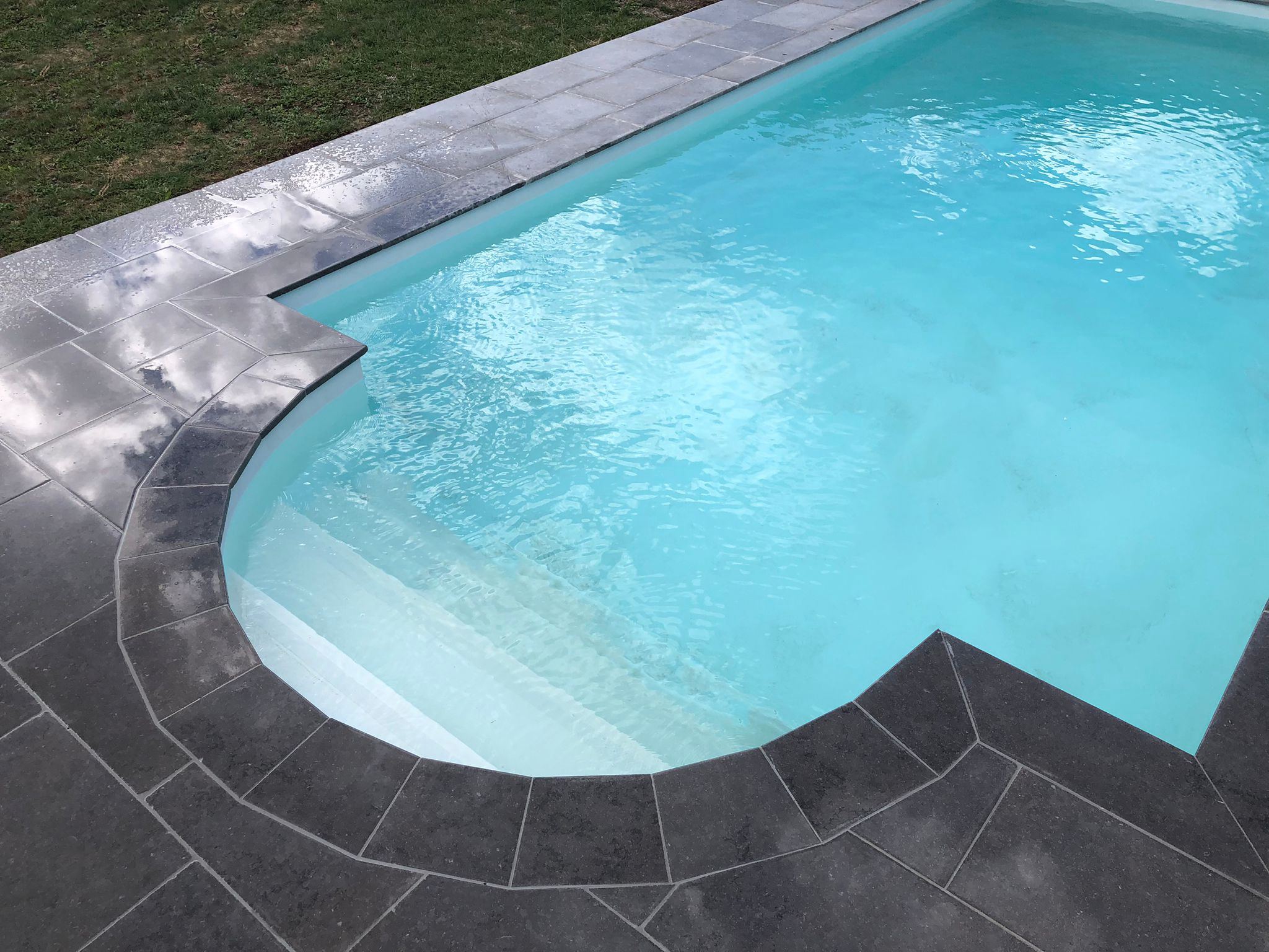 Piscine entourée de carrelage noir et d’une bordure en béton, avec pelouse.